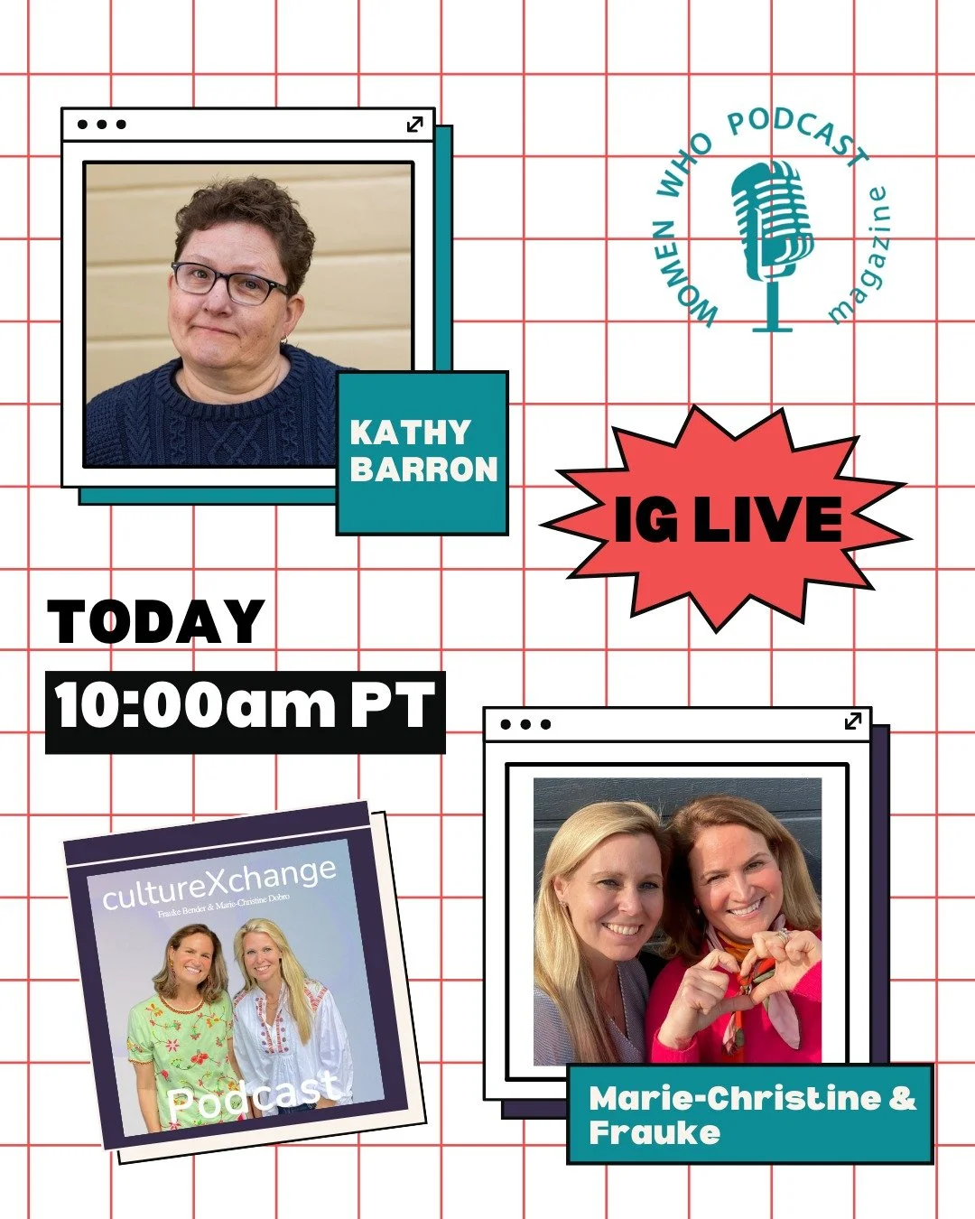 IG LIVE TODAY!

We're going LIVE at 10am PT/ 1pm ET!

Kathy will be chatting with Marie-Christine and Frauke, hosts of cultureXchange podcast, about their show, how they were inspired to launch a podcast, and how the show helps people navigate living