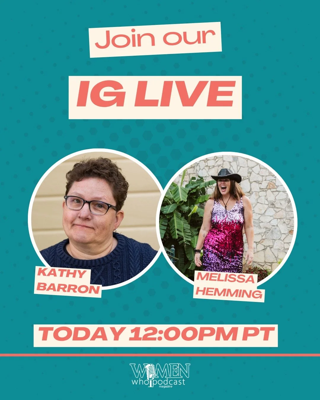 IG LIVE TODAY!

We're going LIVE at 12pm PT/ 3pm ET!

Kathy will be chatting with featured podcaster Melissa Hemming, host of It's Your F'ing Journey, about her show, why comparison is counterproductive, and how running was the gateway to coaching, e