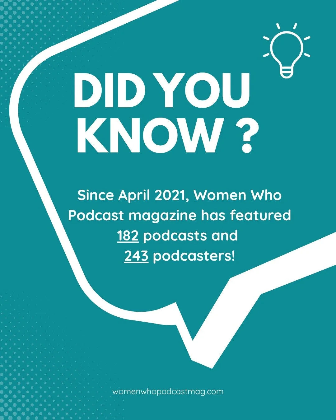 DID YOU KNOW...

Since April 2021, Women Who Podcast magazine has featured:

⭐ 182 podcasts
⭐ 243 podcasters

We are honored to feature independent women-identified podcasters all over the globe and give them the accolades they deserve. 

Check out o