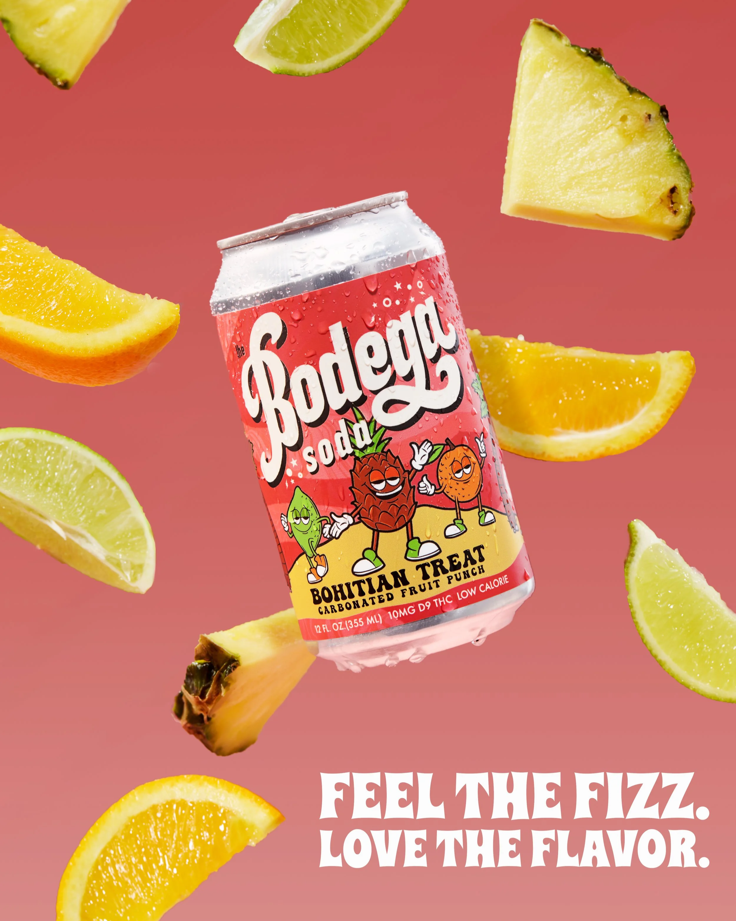 A can of Roddy Soda with grapefruit, pineapple, lemon, and lime slices floating around it on a pink background, with the text "Feel the Fizz. Love the Flavor."