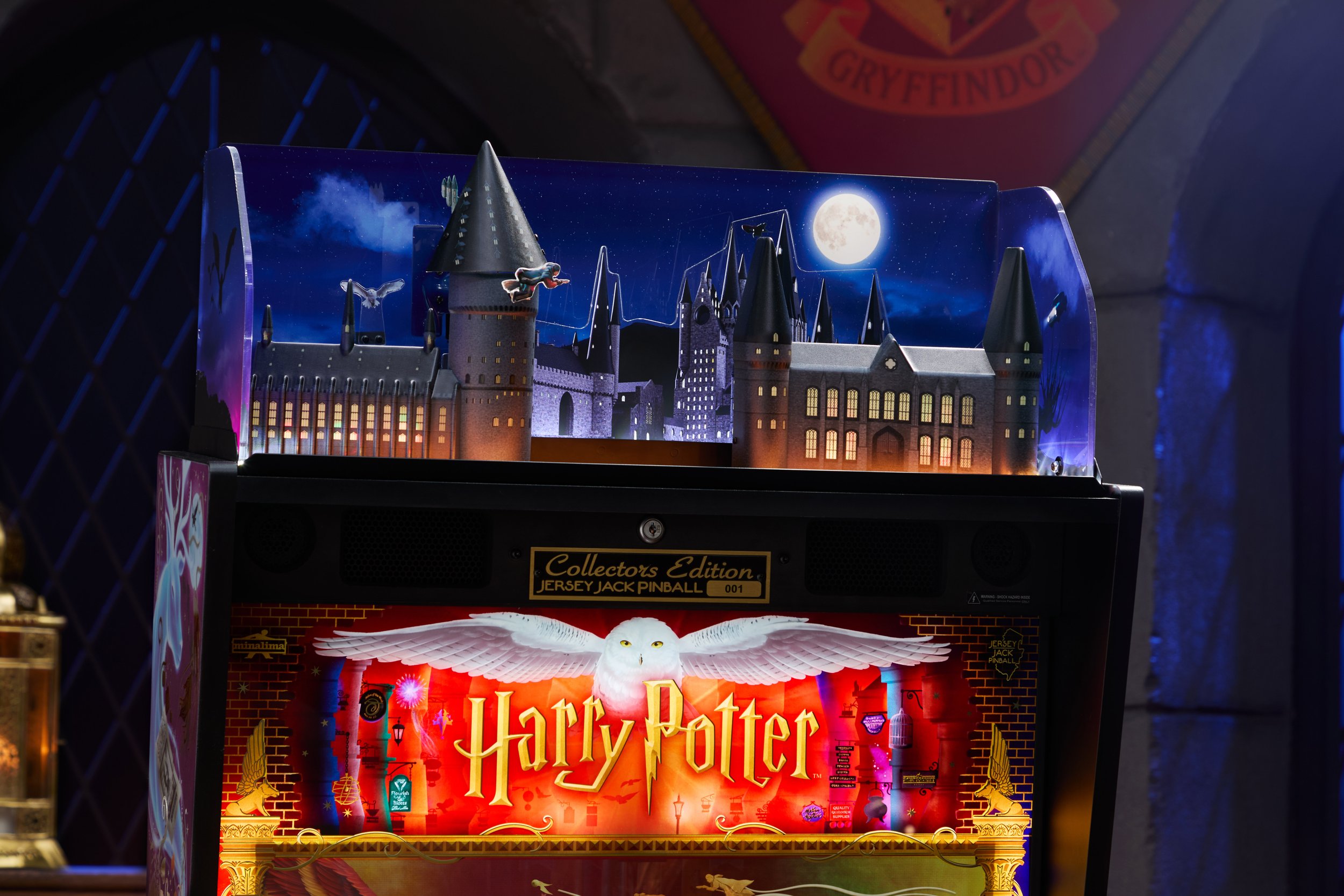 A Harry Potter themed pinball machine with a Hogwarts castle scene. The scene features a moonlit night sky, with Hogwarts castles and flying creatures. The pinball machine is labeled 'Collector's Edition Jersey Jack Pinball'.