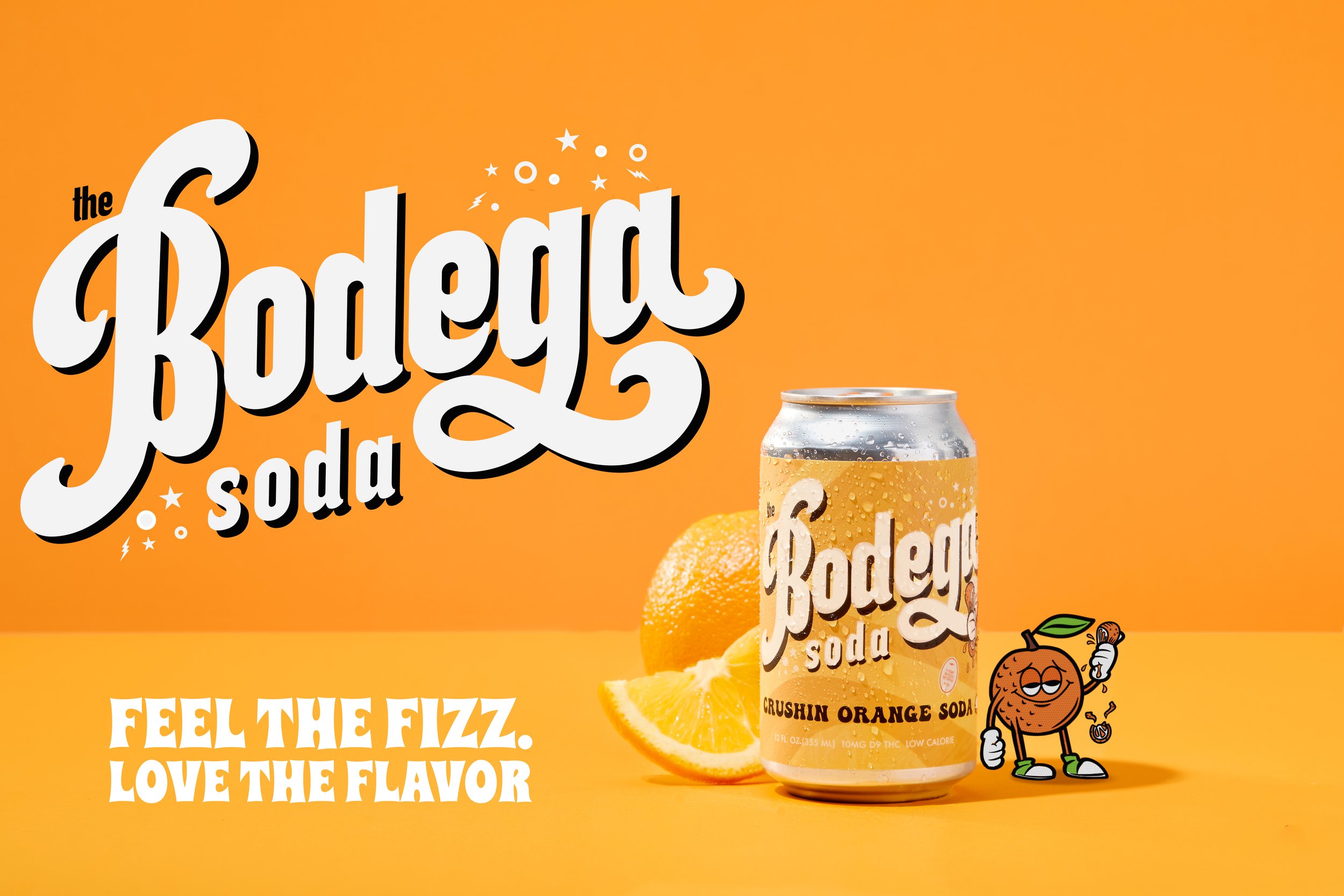 An orange background features promotional text for 'Bodega soda' with a can of 'Crushin Orange Soda,' a sliced orange, and a cartoon orange character holding a cigar.