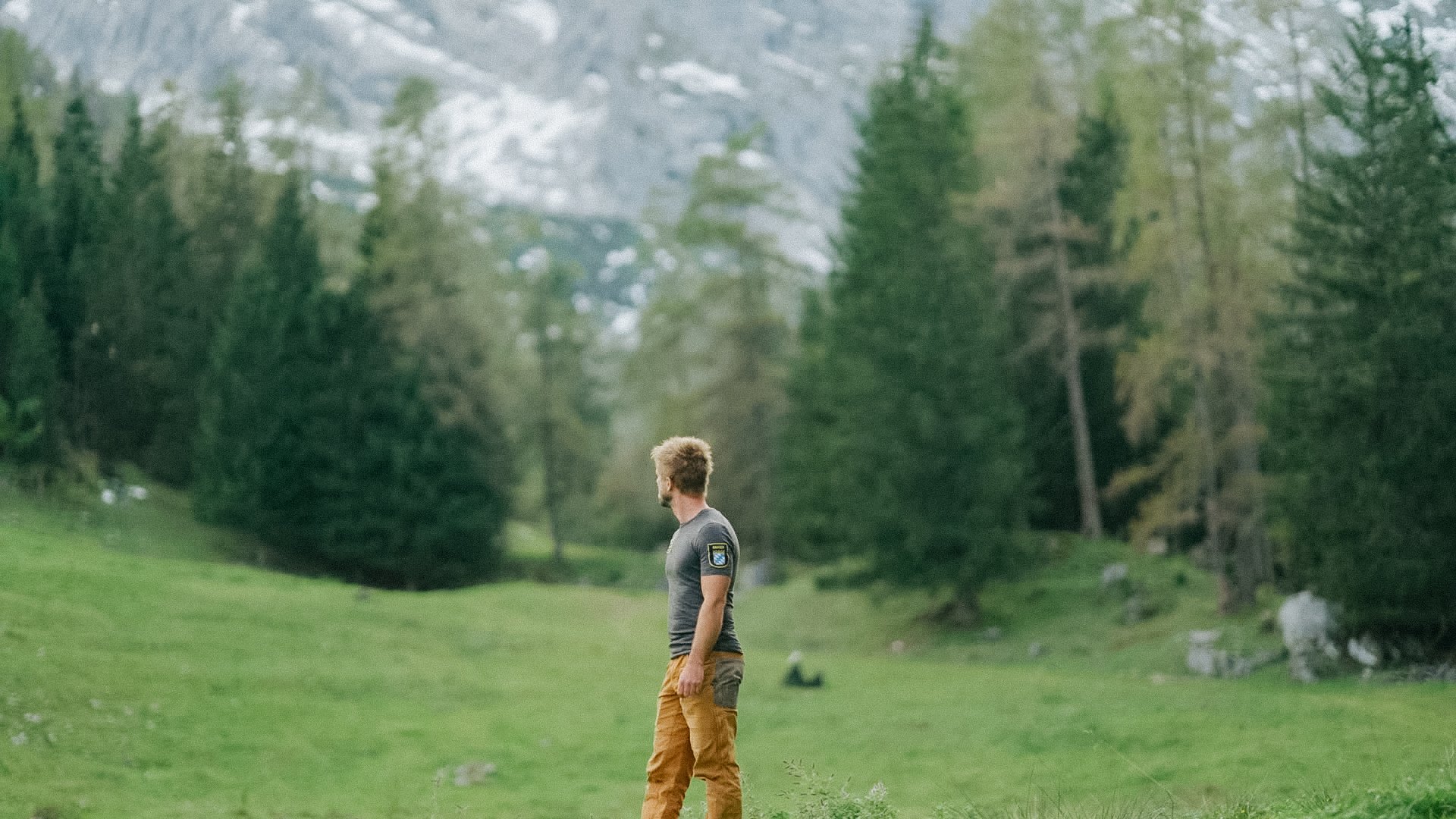 Ein Mann steht in einer grünen Wiesenlandschaft mit Bäumen im Hintergrund, trägt ein graues T-Shirt mit einem Patch auf dem rechten Ärmel, braune Hosen und hat einen Bart.
