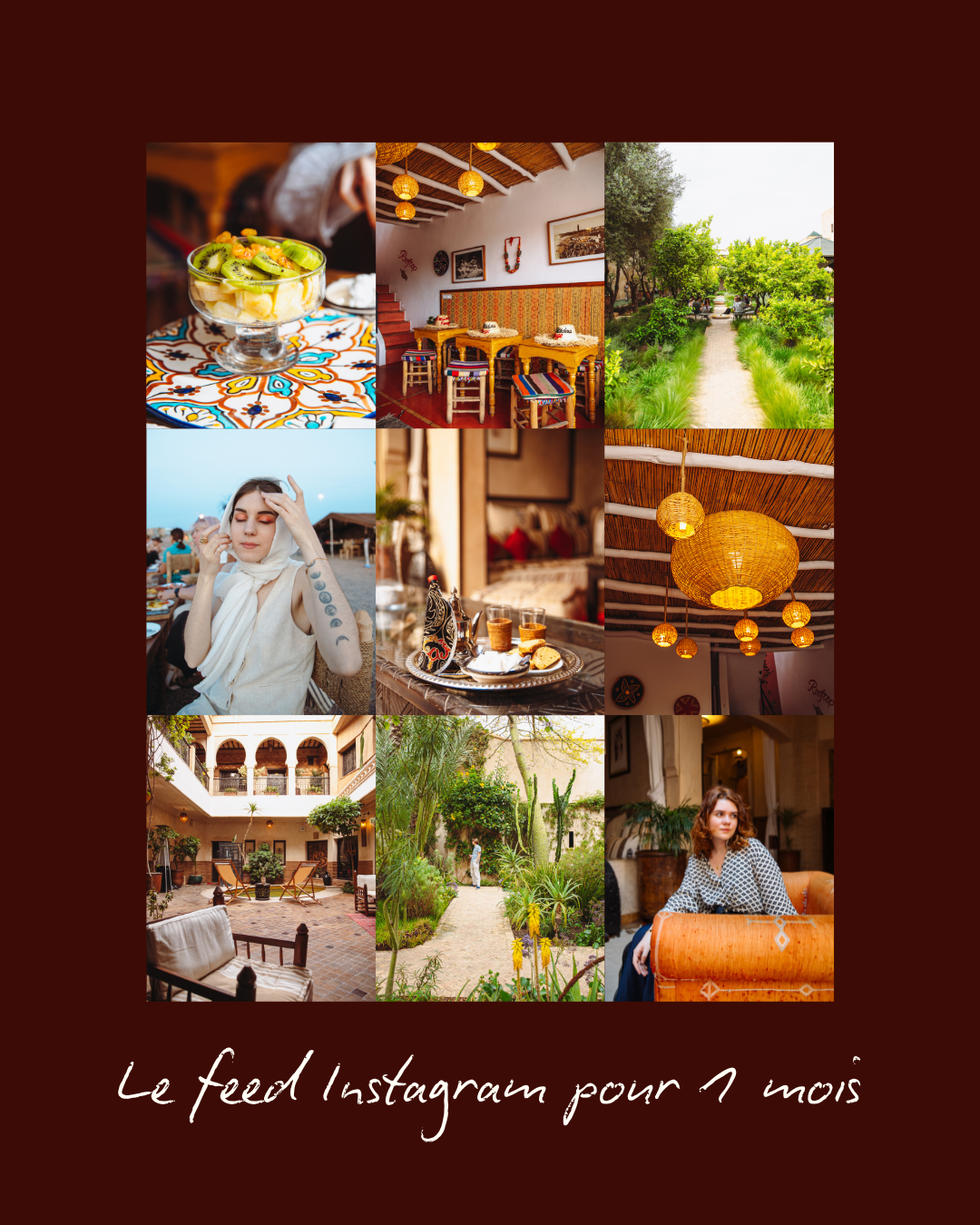 Un collage de neuf photos montrant un restaurant ou une maison avec décoration colorée, un jardin verdoyant, une femme avec un voile blanc et tatouages, un plateau de nourriture, un plafond avec des lampes en rotin, un patio avec des fauteuils et un 