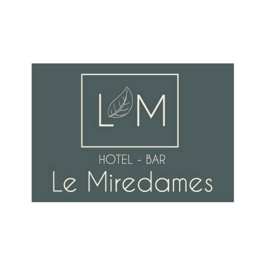 Logo d'un hôtel et bar nommé Le Miredames, avec un dessin de feuille