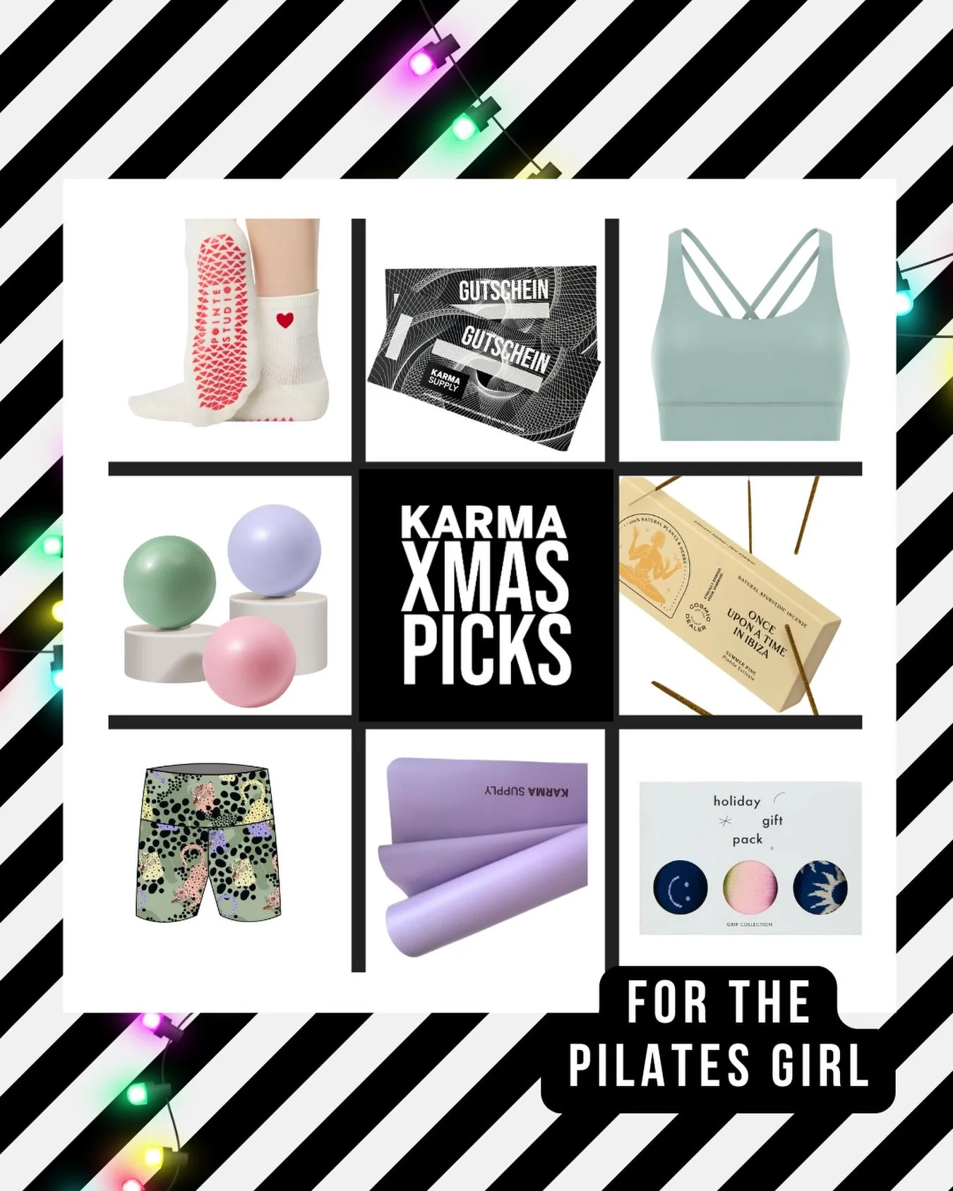 BOLD GIFTS 4/4 😍 FOR THE PILATES GIRL 🙌 Socks, Shorts, Mats, Props👇

&bdquo;Last-Minute-Gang&ldquo; 🤭 kommt im Store vorbei, we&lsquo;re open 👉 Alternativ gibt&lsquo;s auch Gutscheine im Online-Shop. 

&mdash;&mdash;&mdash;

@karma_supply 🖤 Yog