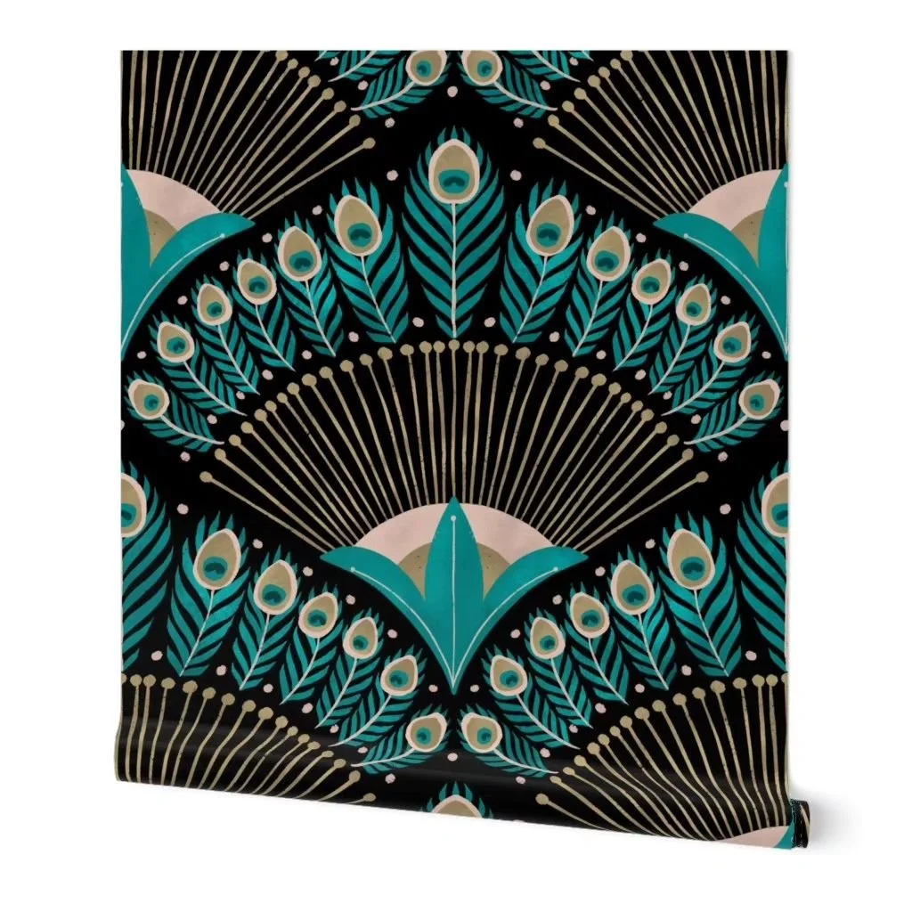 Please help! Which wallpaper design do you like best? Both inspired by Jazz Age/ Gatsby/ Art deco aesthetic. I would really love to hear your vote!! Peacock or floral scallop? Thank you!