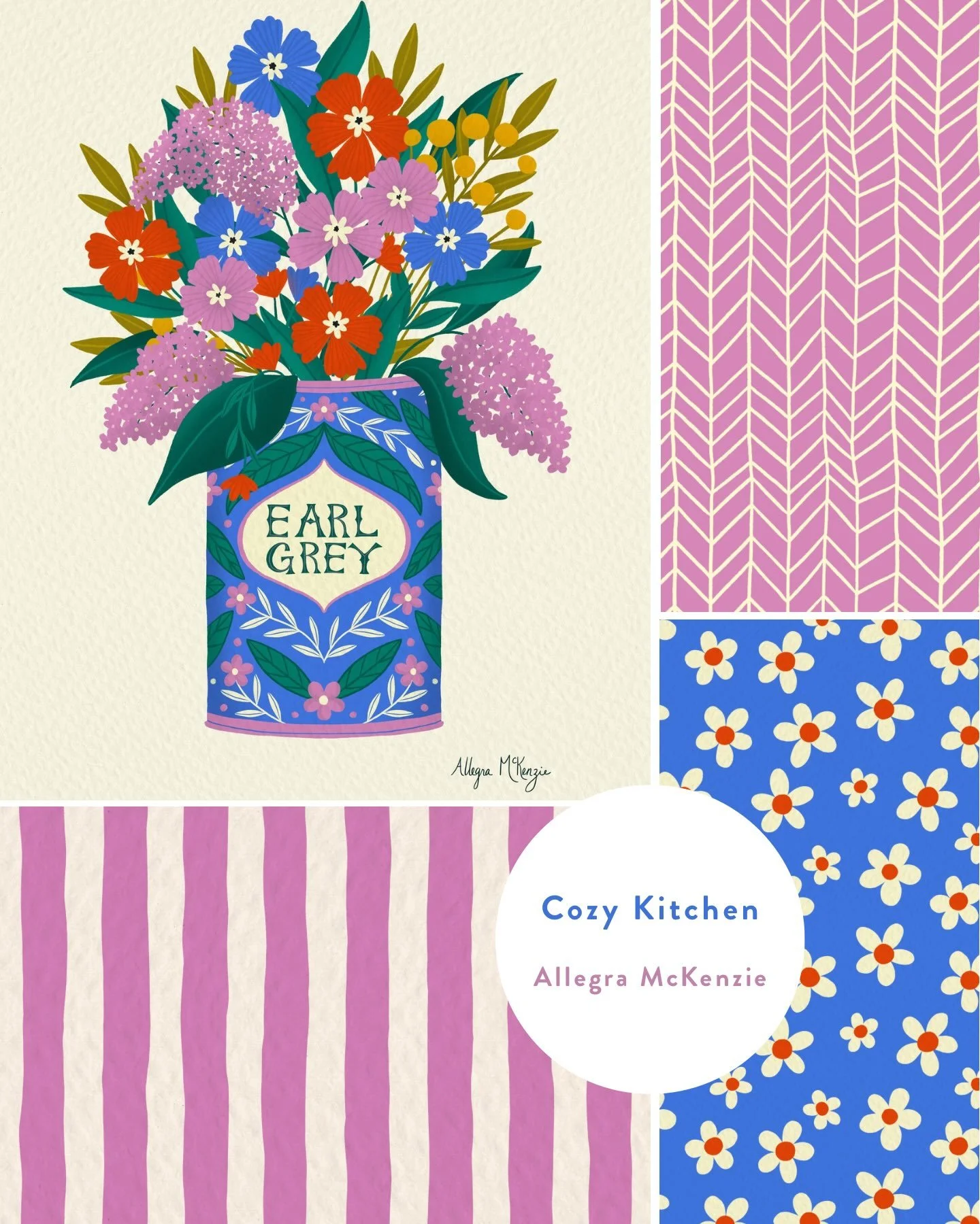 My final post about my Cozy Kitchen collection. I drew this tea canister filled with flowers because I love vintage tea canisters and I love Earl Grey.
This collection of tea themed and kitchen illustrations with coordinating seamless repeat patterns