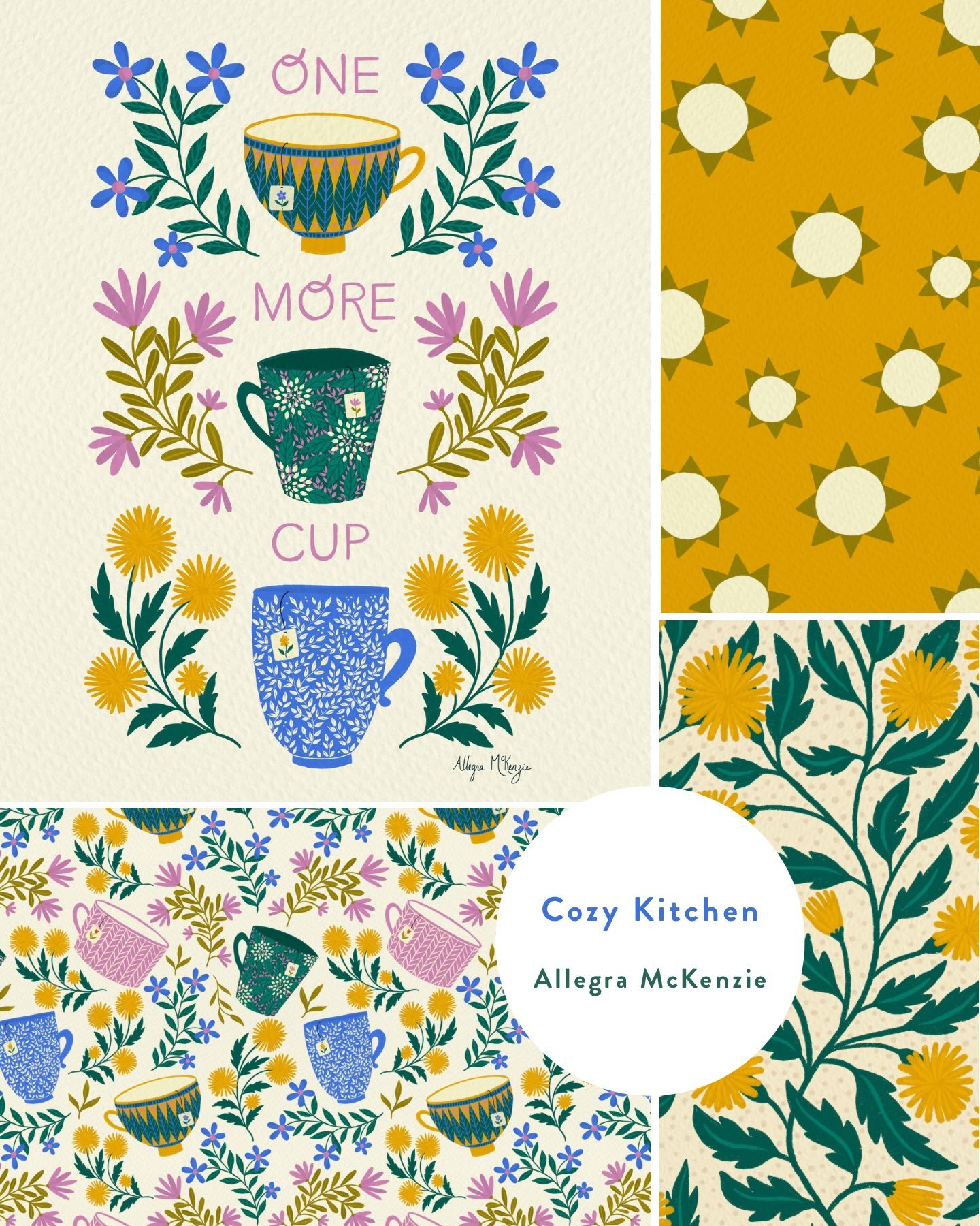 Some more designs from my Cozy Kitchen collection! The cups in the main illustration are inspired by my mom&rsquo;s beautiful pottery. I pulled those cups and florals out of the illustration and built a seamless repeat pattern that I think would be g