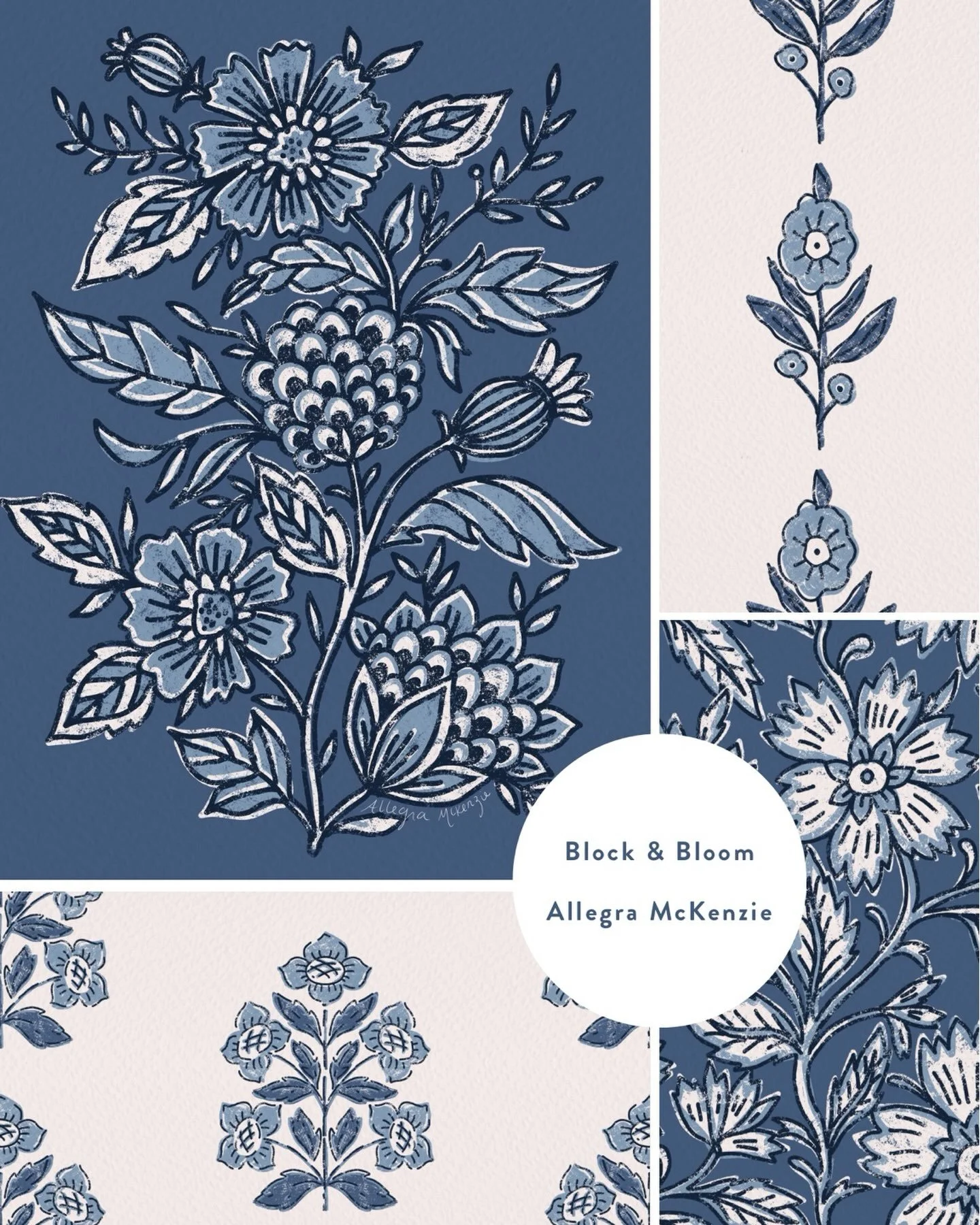 Here are a few designs from my latest collection, called Block &amp; Bloom. Inspired by block-printed textiles, it&rsquo;s hand drawn in procreate on my iPad, using one of my favourite colour combinations. Anyone else a fan of classic blue and white?