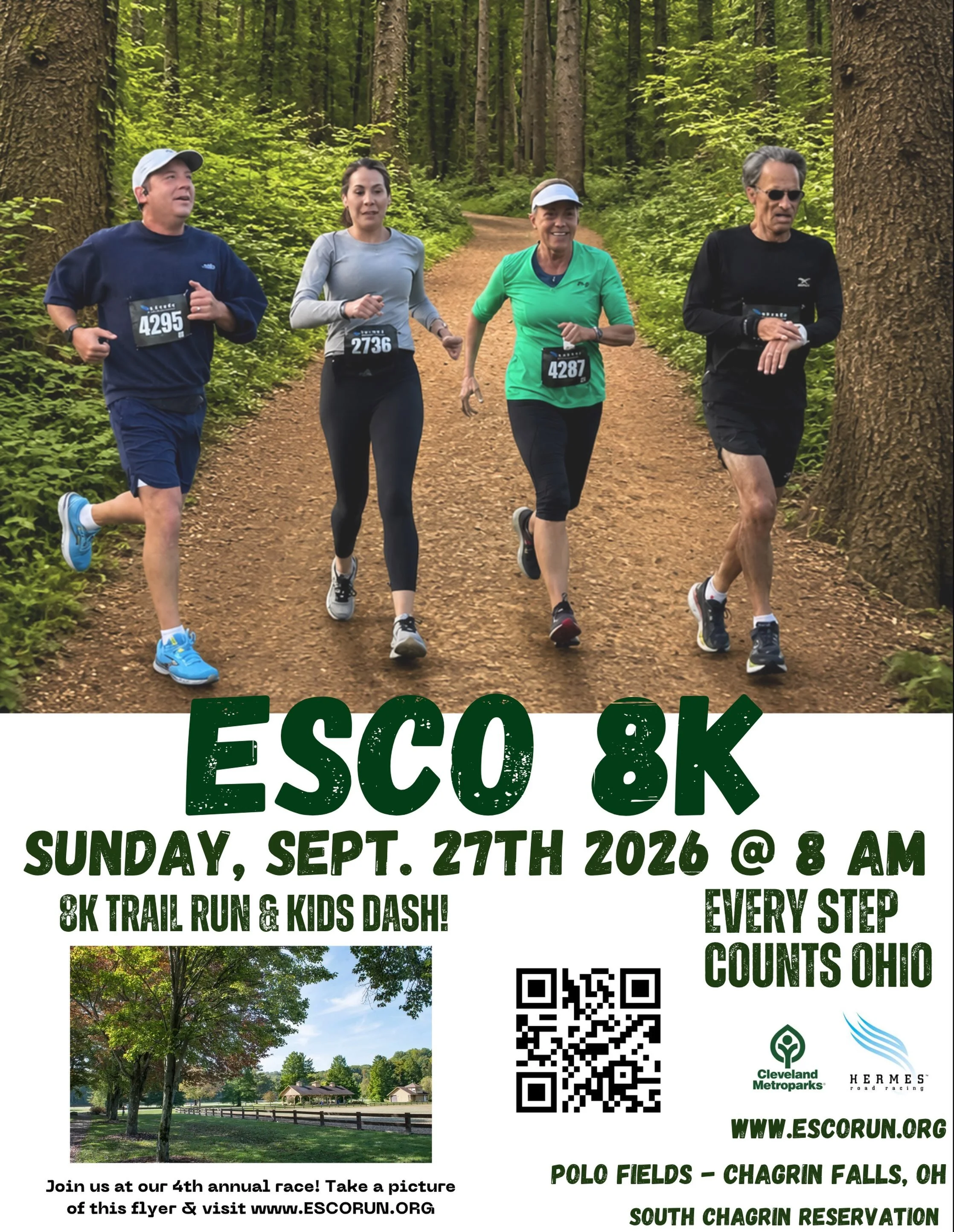 ESCO 8K &amp; KIDS DASH is less than 2 months away! Join us for our 4th annual trail race at the beautiful Polo Field Cleveland Metroparks on Sunday Sept. 27th 🏃&zwj;♀️💨🌳 

We will provide race shirts, awards, food/beverage, great vibes and the mu