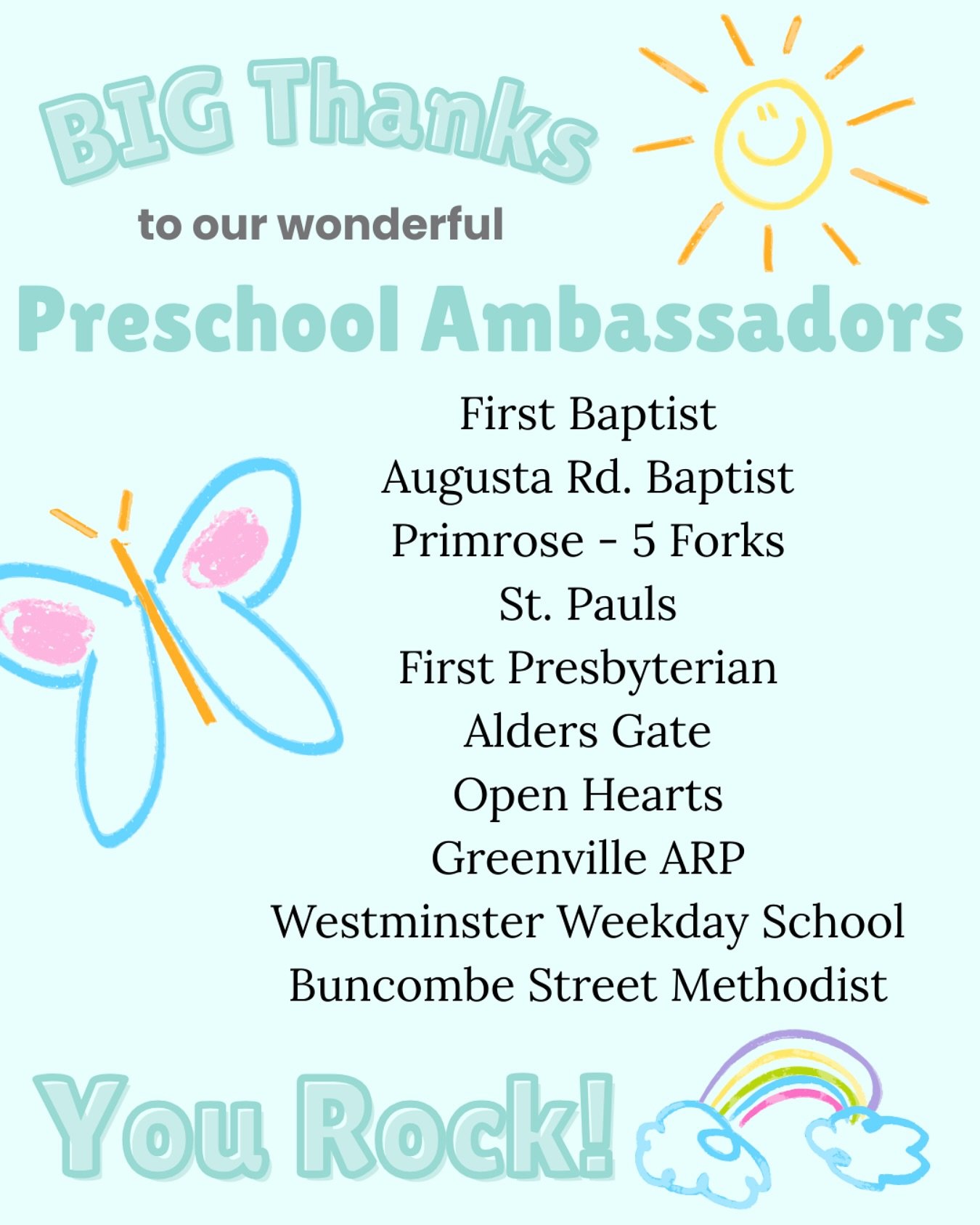 Our Preschool Partners are a big piece of the Greenville’s Gift pie! They hold infant clothing drives throughout the year and help us keep our inventory full! Thank you to all of these preschools and families that donate!
If you know a presch