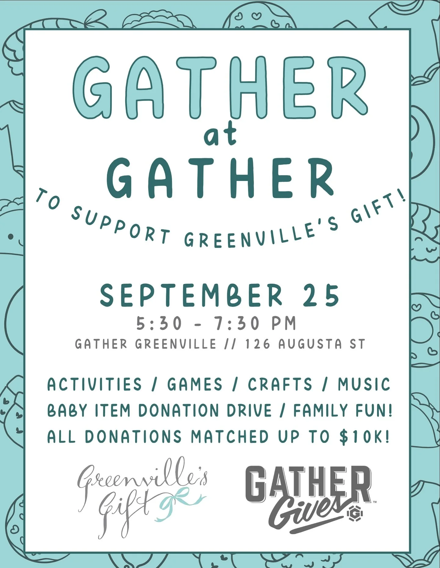 🗓️SAVE THE DATE! Thursday, September 25th! 5:30-7:30 @ Gather GVL! 🥳
👀Yes, you read that right…Donations matched up to $10K! Thank you, @gathergvl! We can’t wait!