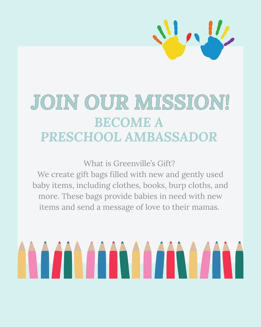 Preschools, we’d love for you to join our mission! 🌟 
We're looking for Preschool Ambassadors to help us share love with babies and mamas in need. Together, we can make a difference 💕
Message us to get started!