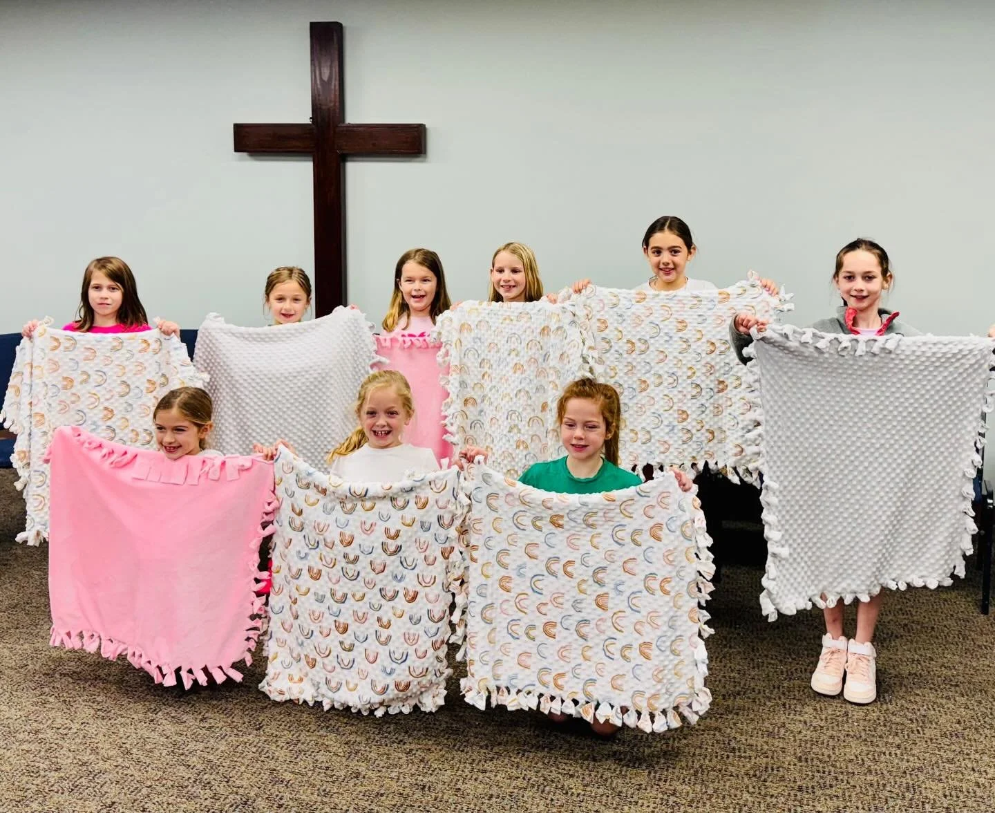 Thank you, Buncombe Street Methodist 2nd and 3rd grade girls basketball team! We are thankful for their hard work making no-sew blankets for Greenville&rsquo;s Gift bags🩵