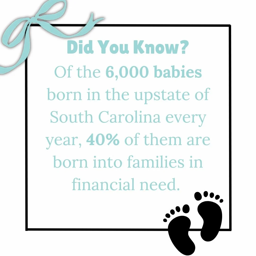 Our mission is to make these new moms and babies feel celebrated and loved by the Greenville community by presenting beautifully packaged gift bags filled with new and gently used newborn essentials like baby clothes, blankets, burp cloths, and more.
