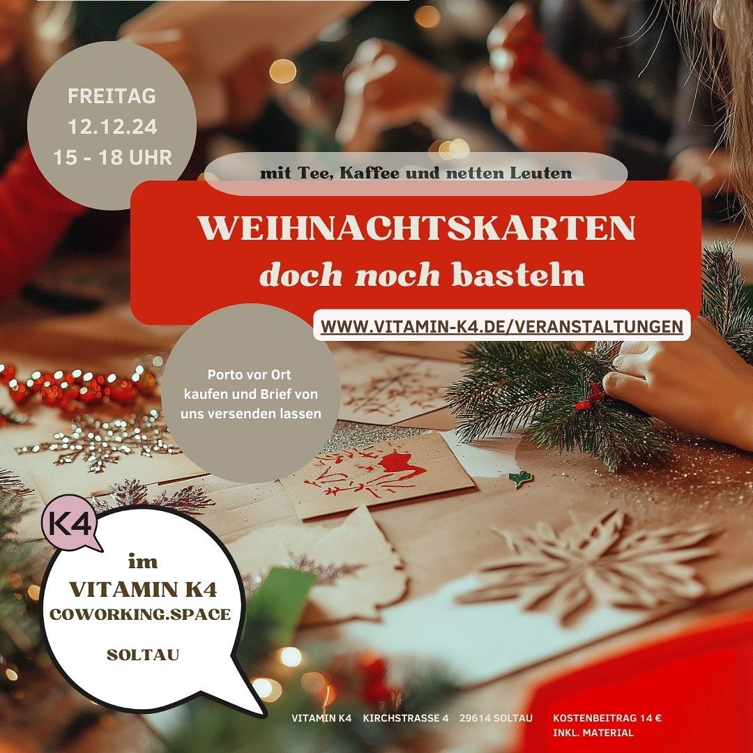 🎄✨ Mach&rsquo;s dir mit und bei uns gem&uuml;tlich und erstelle deine ganz eigene Weihnachtspost mit Herz &mdash; wir laden dich herzlich ein zu:

**📝 &bdquo;Doch noch Weihnachtskarten basteln&ldquo;**
📅 **Freitag, 12.12.2025**
🕒 **15:00 &ndash; 