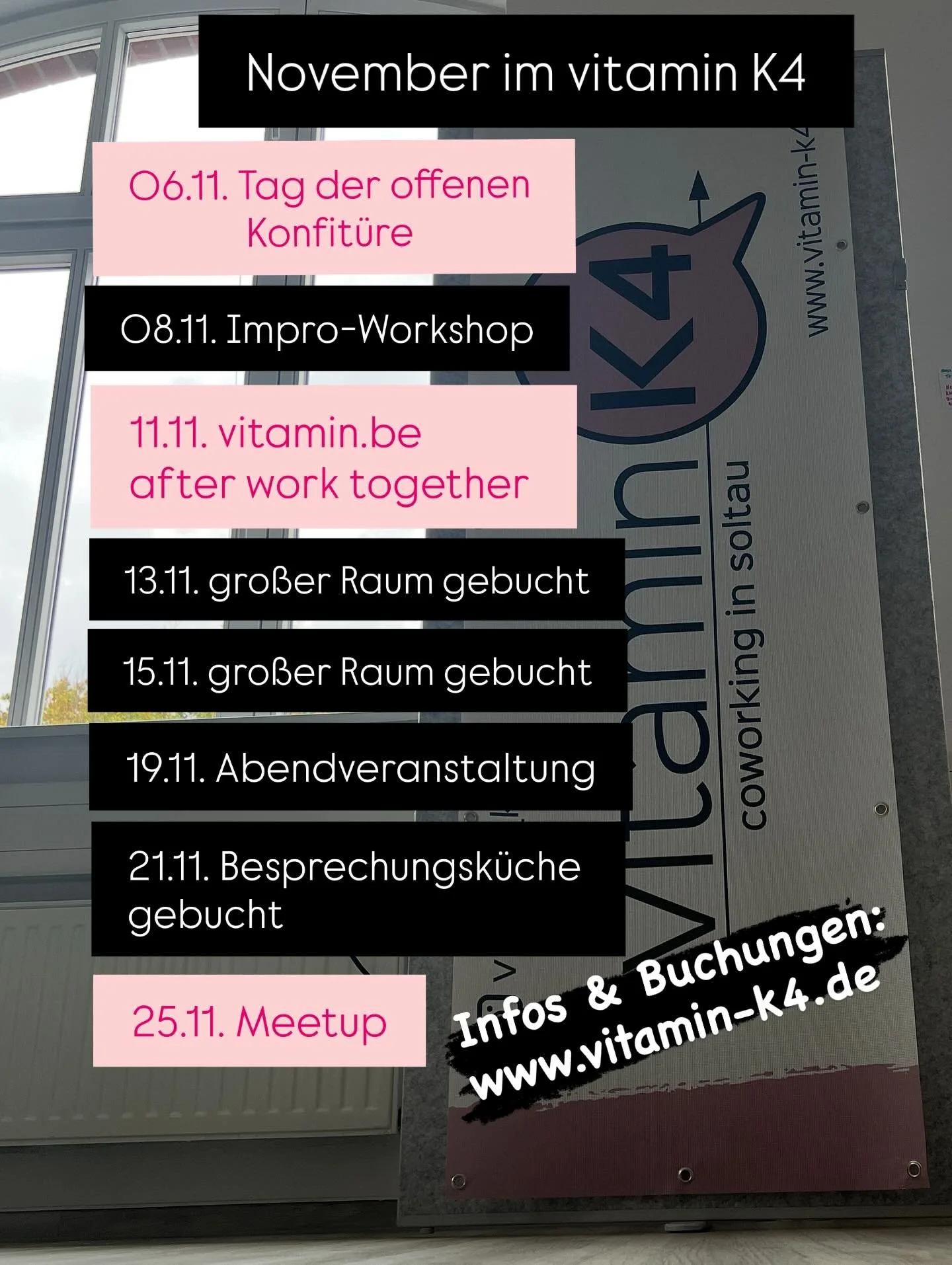 Der November ist wieder gut gef&uuml;llt. Mit drei Community-Events und jeder Menge toller Projekte und Teambuchungen. 
Deine M&ouml;glichkeit, dich bei uns sehen zu lassen und Space.Luft zu schnuppern.
F&uuml;r das Fr&uuml;hst&uuml;ck #tagderoffenen