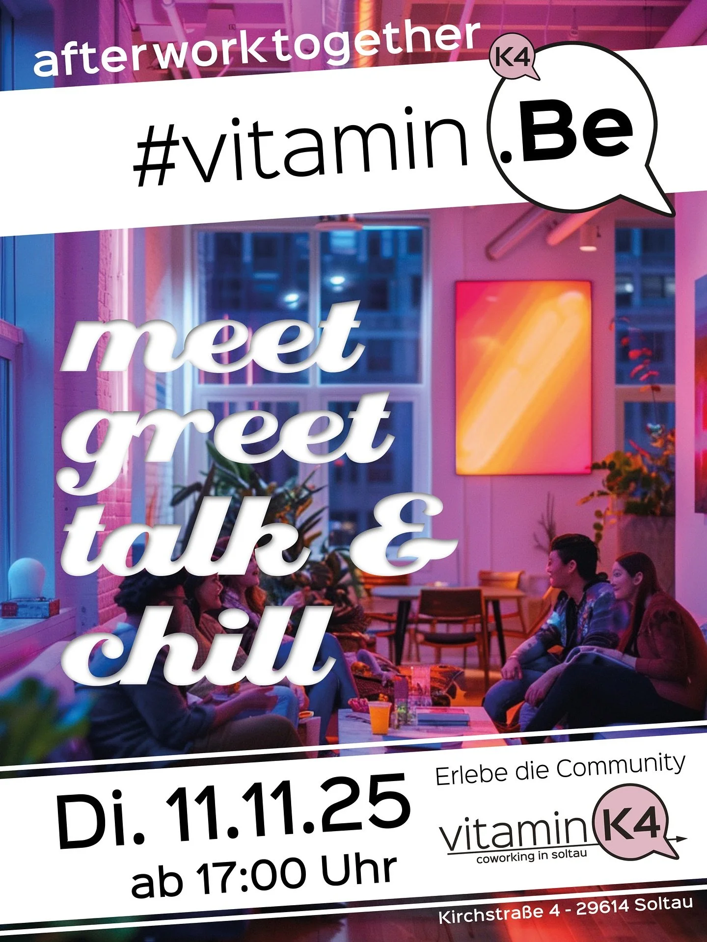 In wenigen Tagen ist bei uns wieder Lounge-Zeit: 

🏮 Das 3. #vitamin.Be after work together ab 17 Uhr im Meeting.Space #vitamink4 

👣 Zeit f&uuml;r zwanglosen Businesstalk, f&uuml;r Netzwerkpflege und Feedback &mdash; bring ein Thema mit, das dich 