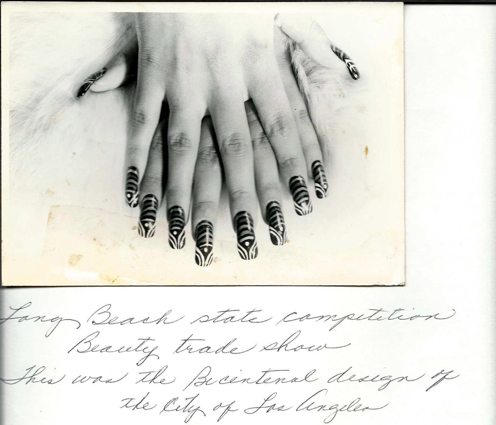 Cleo H. Jackson’s bicentennial nail design for the City of Los Angeles. Long Beach State Competition, Beauty Trade Show (1976)