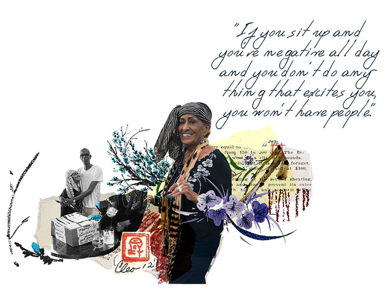 From left to right: Cleo H. Jackson with her friend Mark Bradford; details from Cleo’s paintings; Cleo Jackson (2020s)