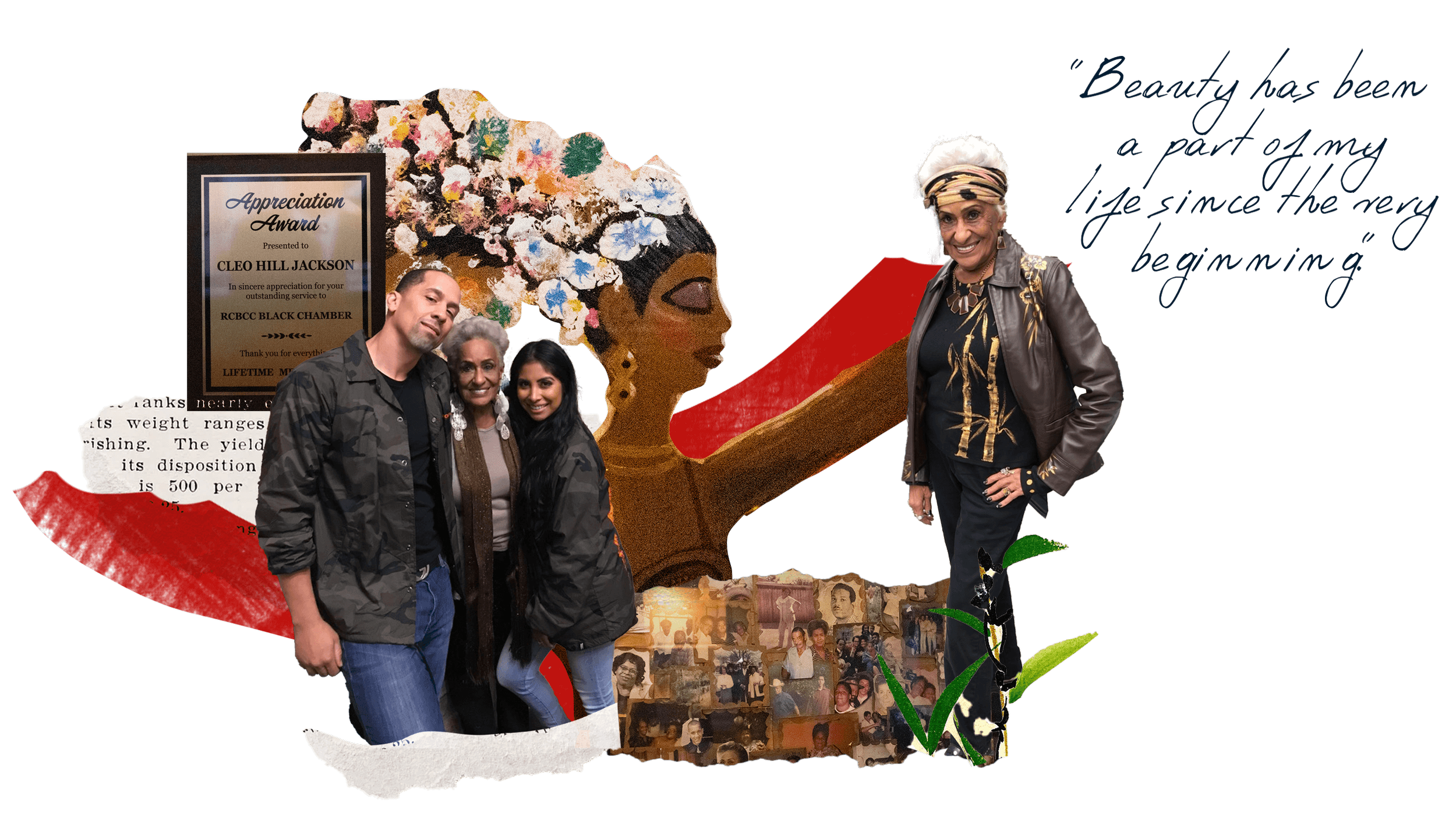 From left to right: Lifetime Membership Appreciation Award; Cleo with her grandson Ty Jackson and Gina; painting details; family collage; Cleo wearing a leather jacket and T-shirt hand-painted by herself.