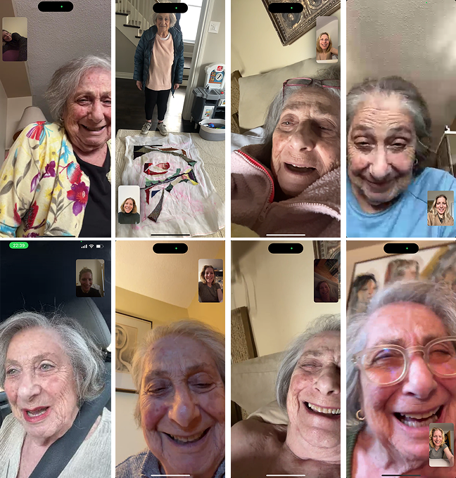 Edna Katz Silver facetiming Allison Katz during the creation of the needlepoints.
