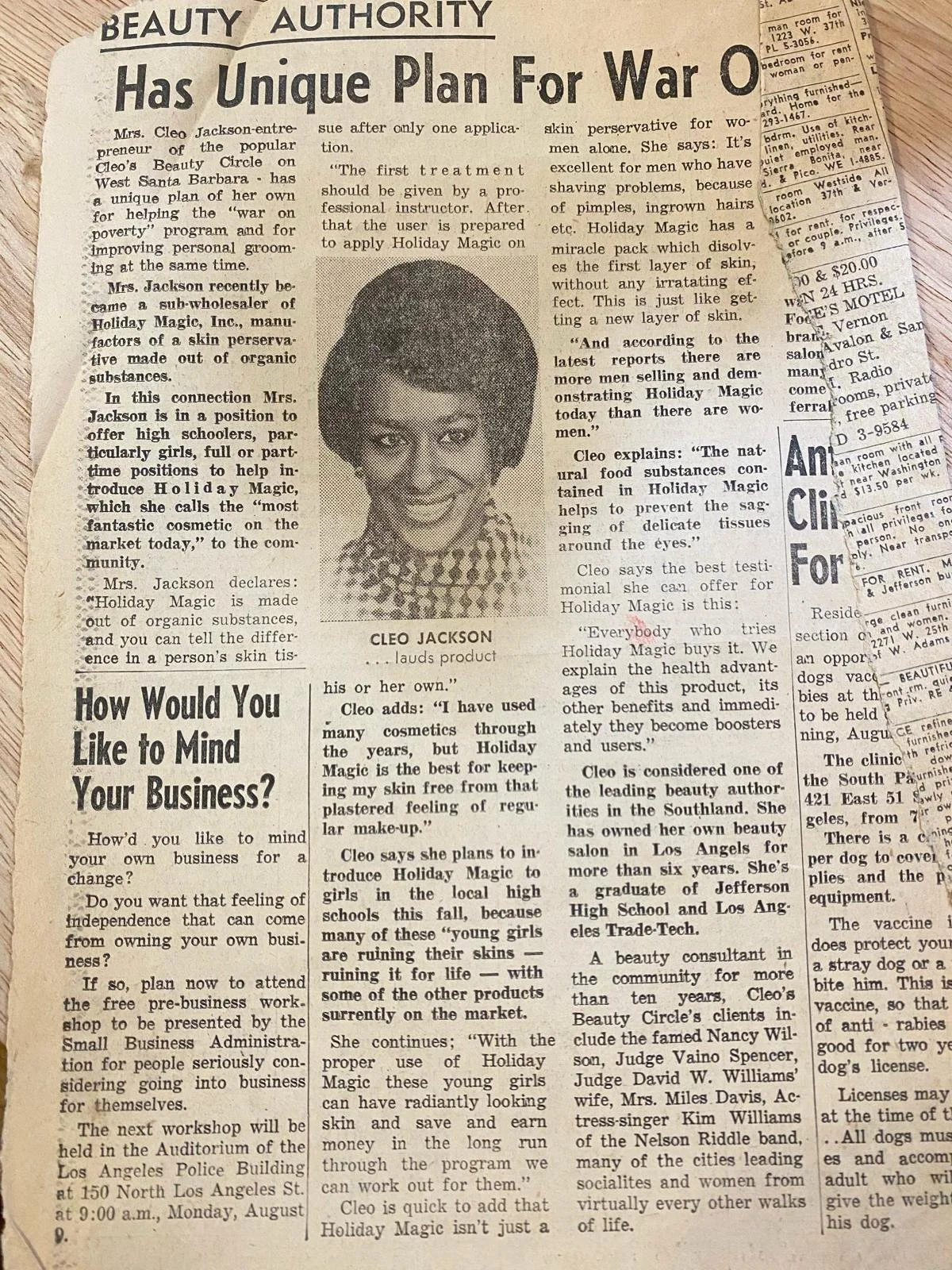 Newspaper feature on Cleo  H. Jackson, highlighting her work as owner of Cleo’s Beauty Circle and her community beauty initiatives, Los Angeles (c. 1970s)