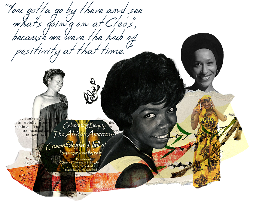 From left to right: Cleo’s clientele; a promotional banner for the African American Cosmetologist Hall of Fame, under the leadership of President Cleo H. Jackson; portraits of Cleo in the 1970s and the 2020s
