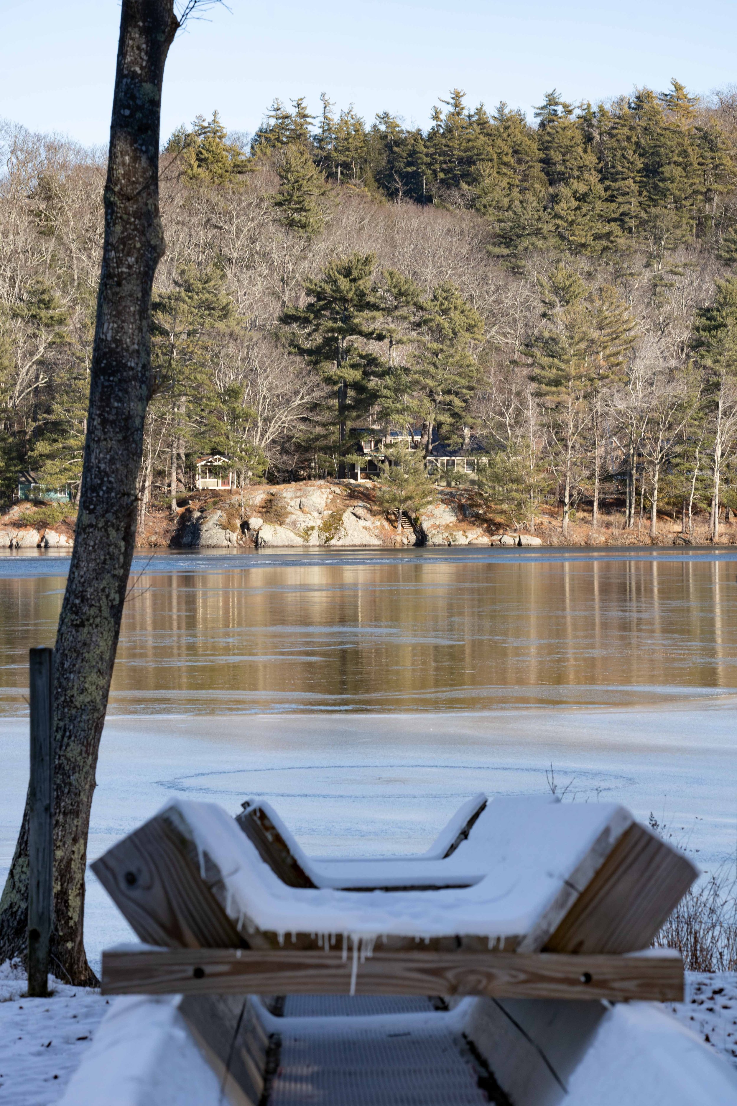 On February 5th, Camden Snow Bowl’s pond, Hosmer Pond at the base of the toboggan chute was unsafe for crowds to gather during the Toboggan Championships. In January, Hosmer Pond was still mostly open water.