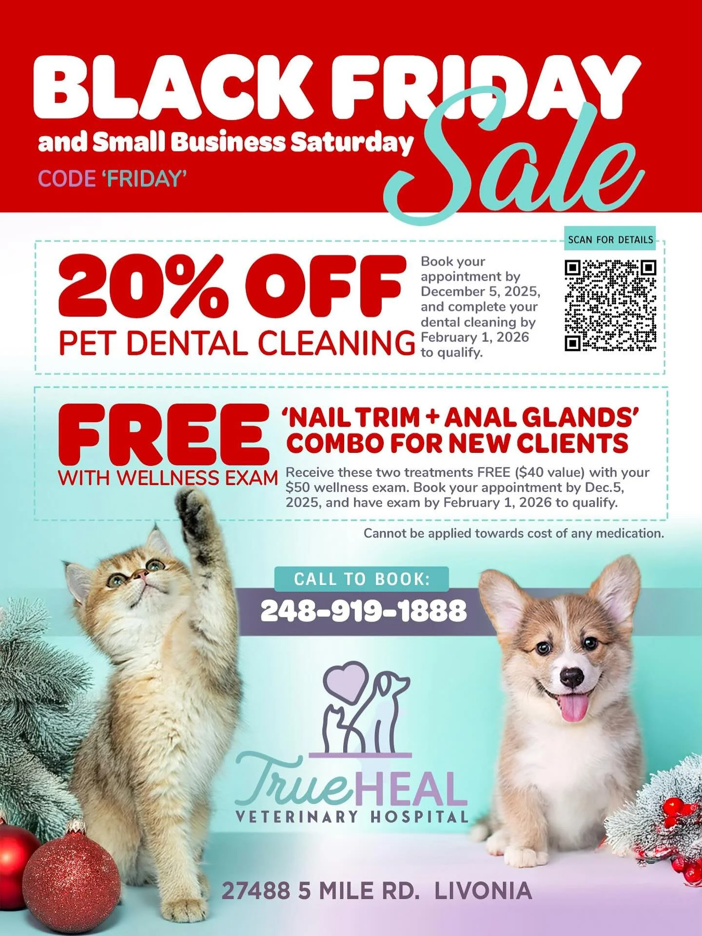 🎉🐾 BLACK FRIDAY + SMALL BUSINESS SATURDAY IS HERE! 🐾🎉
Support your small, family-owned veterinary clinic!
TrueHeal Veterinary Hospital is proud to offer special holiday pricing &mdash; our deepest discount ever! &mdash; to help keep your pets hea