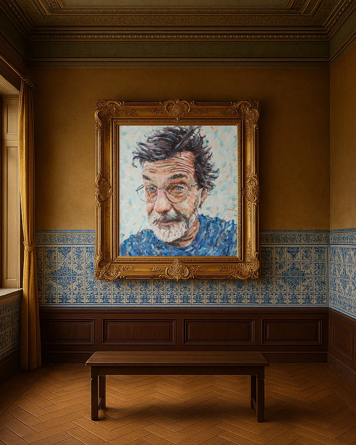 Retrato do meu pai.
Esta pintura é sobre o meu pai, o homem que me ensinou o silêncio, a persistência e o valor da Natureza.
Pintei-o como o vejo nos momentos em que não fala: sonhador, sereno e contemplativo.
Há al