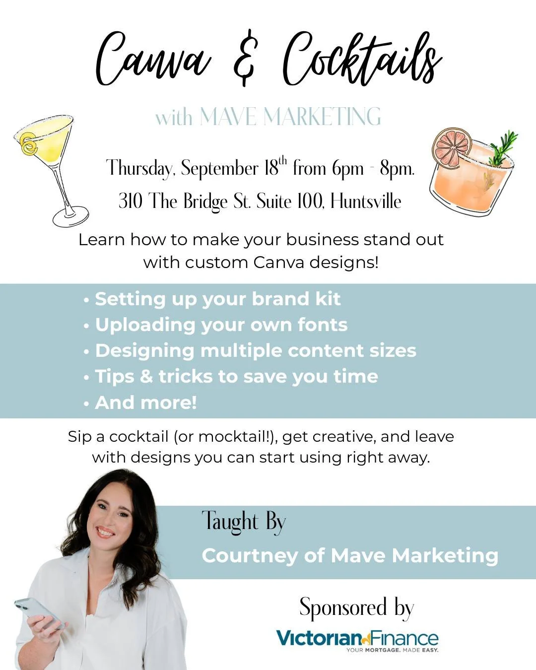 If your business graphics currently fall into the 'I tried my best' category, this one's for you.

Canva &amp; Cocktails is exactly what it sounds like &ndash; practical design training with a drink in hand. Because learning should be fun, and your v