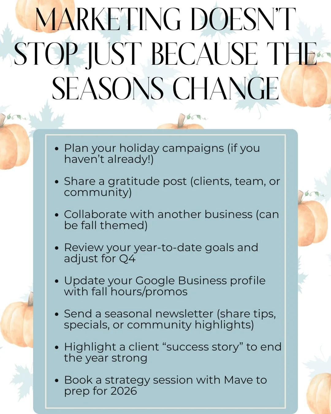 Energy check: how are we feeling about Q4? ☕

The first day of fall hits different when you're a business owner. There's something about September that makes you want to get your marketing house in order (or maybe that's just me after too much pumpki