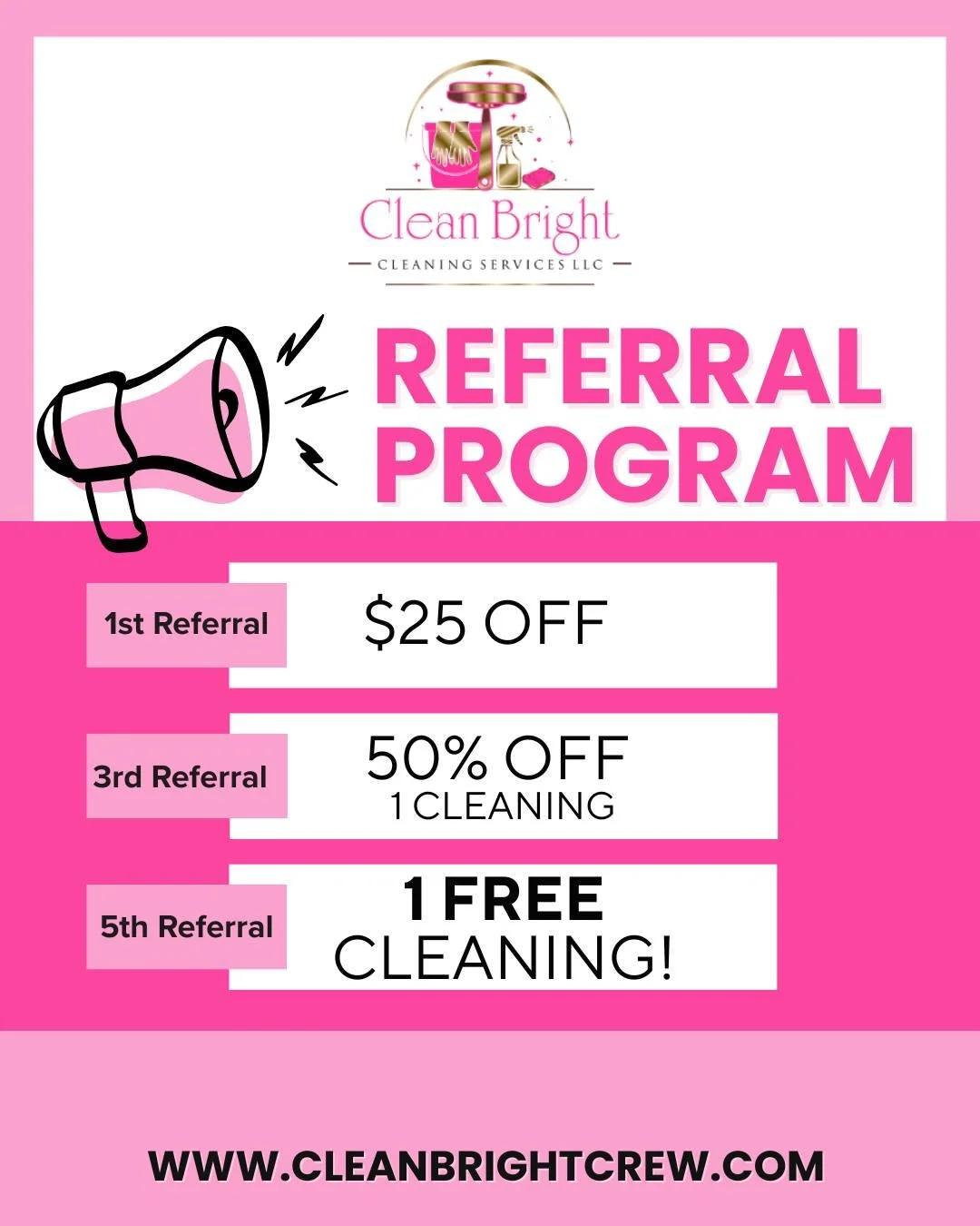 Your friends deserve a sparkling clean home too! ✨ 

Our referral program is our way of saying THANK YOU to our amazing North Alabama community. When you share the Clean Bright Crew love, everyone wins! 🏠💕

Here's how it works:
🎉 1st referral = $2