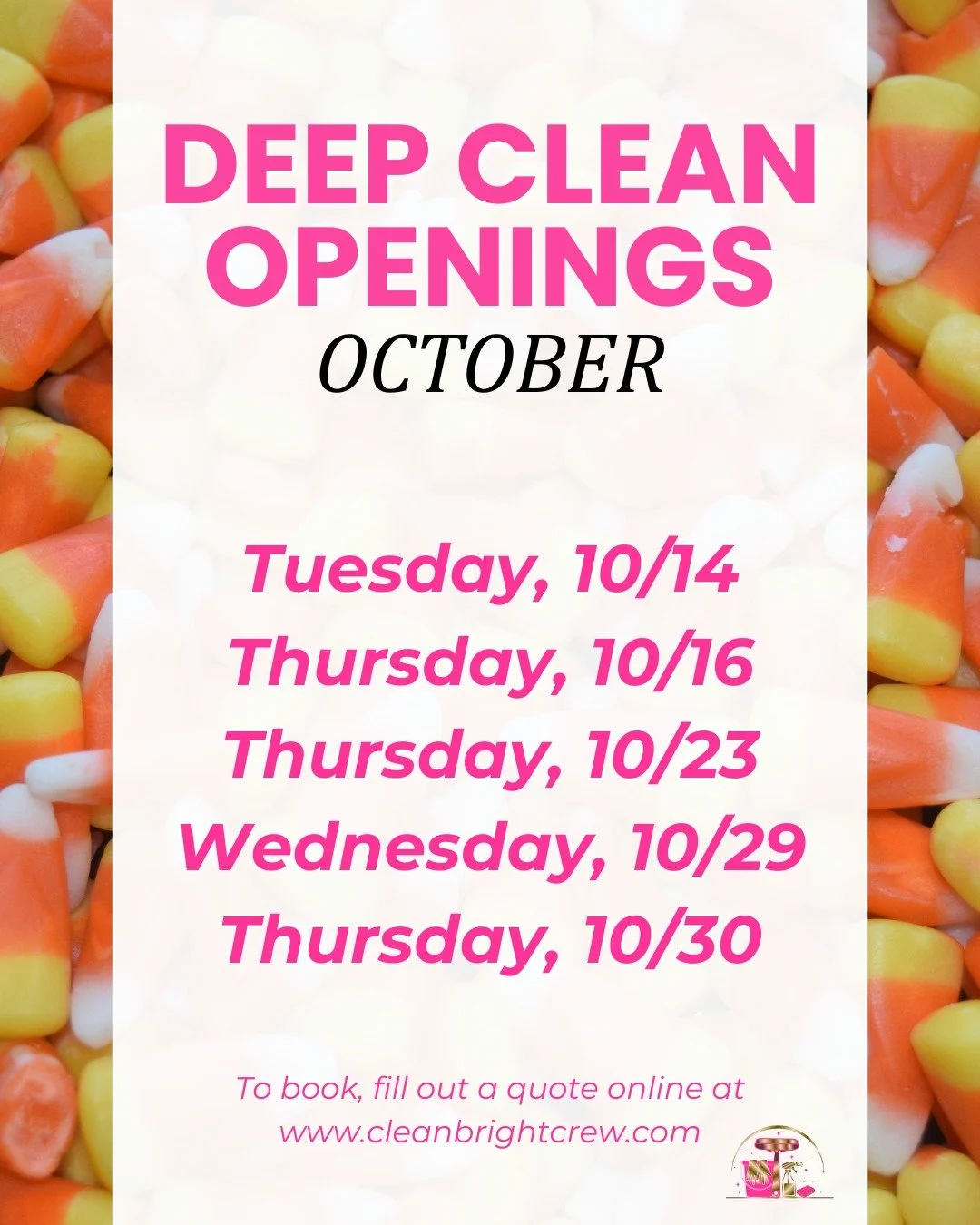 🎃 Deep Clean Openings Before Halloween! 🧹✨

While those dust bunnies and spider webs might look spooky, they're not exactly the Halloween decor you want greeting your party guests! 

We've got limited deep clean openings throughout October to help 