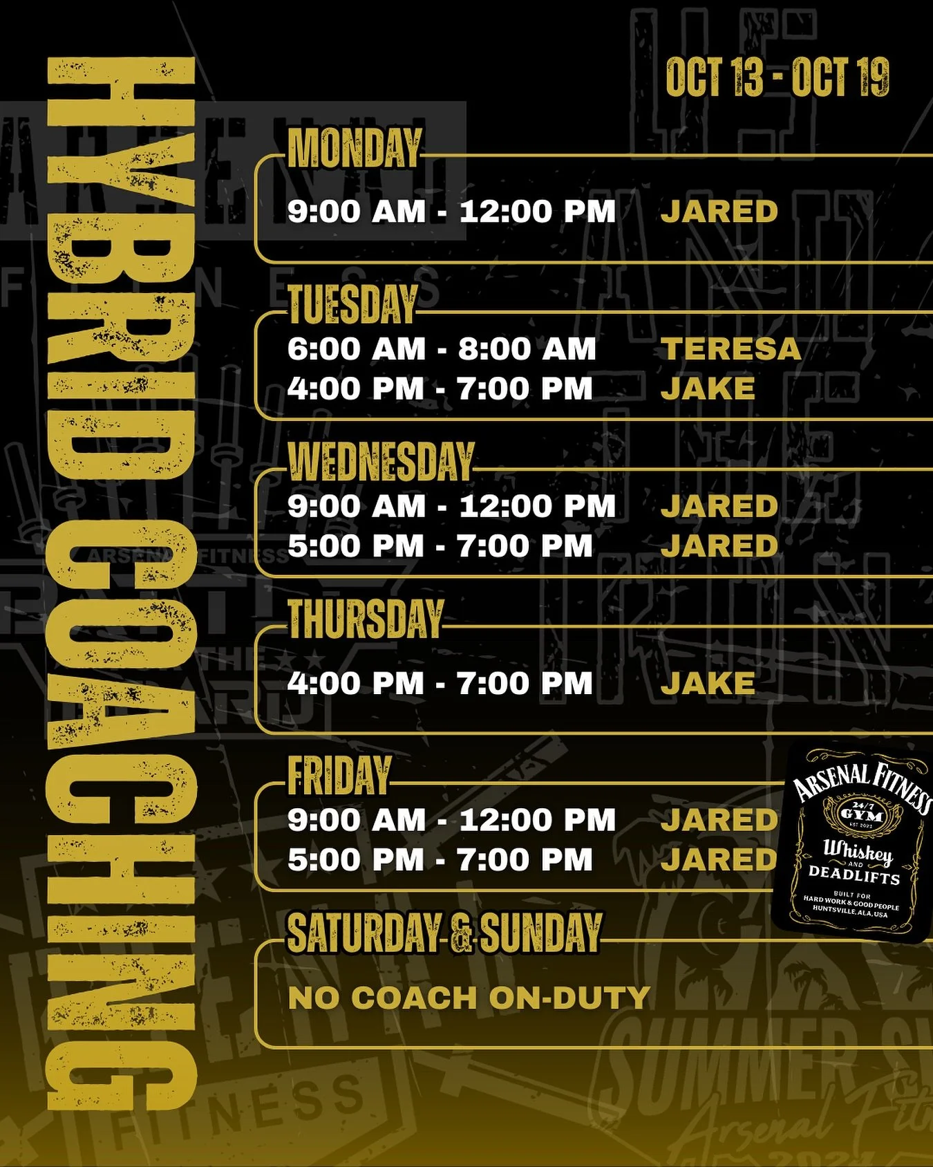 This week&rsquo;s coaching schedule!

Join us this Friday as we celebrate our 4 year anniversary with our annual Whiskey &amp; Deadlifts party!

More details to come. Keep an eye on our socials. 🥃