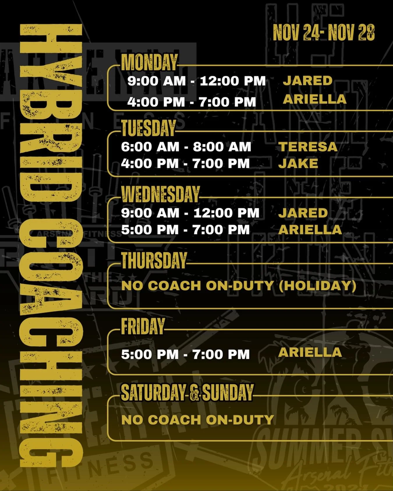 Coaching schedule for this week is here! 🗓️ 

Heads up&mdash;with the holiday week 🦃, some coaches will be off. Let&rsquo;s finish the week strong! 💪🏽