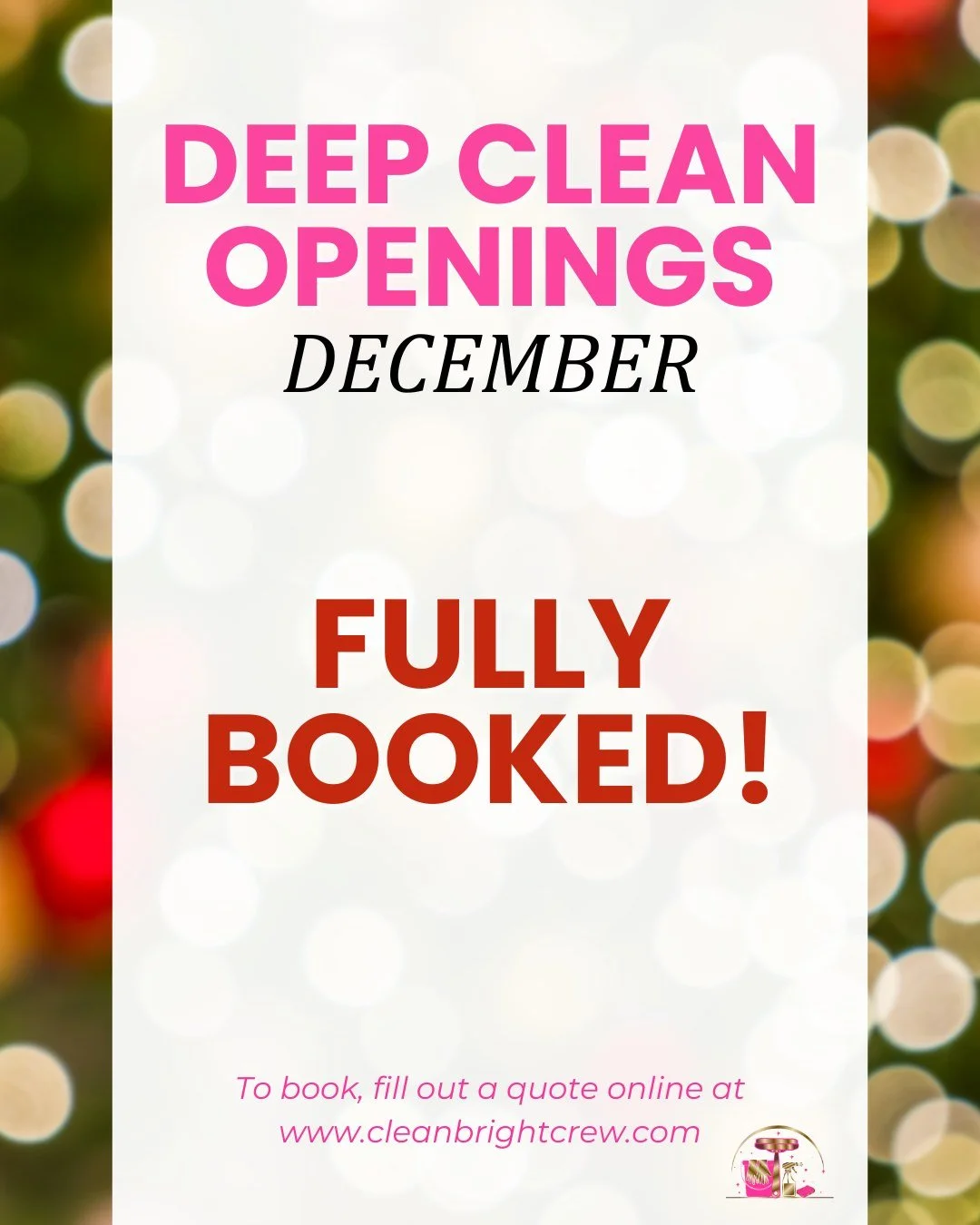 We're overwhelmed with gratitude! 🎄✨

Our December deep clean openings are now FULLY BOOKED, and we couldn't be more thankful to our amazing North Alabama community for trusting us to help prepare your homes for the holiday season.

Your support mea