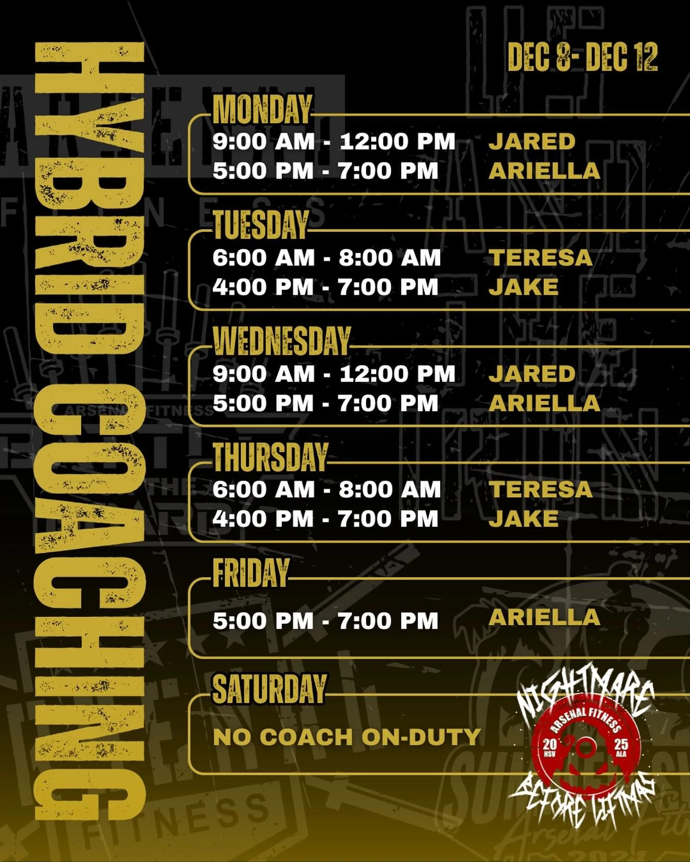 This week&rsquo;s coaching schedule is up! 💪🏽 🔥 
Check your times, show up, and get the work in. 

Reminder: The Nightmare before Liftmas is THIS SATURDAY (12/13) 8AM! ⚡️