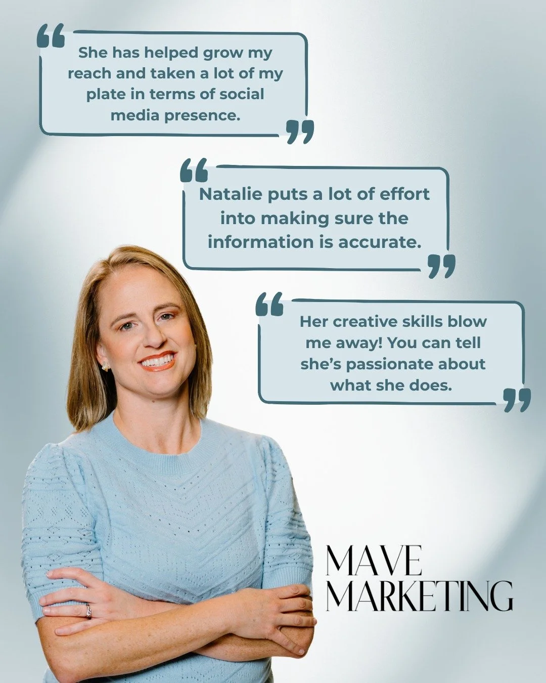 This is what happens when you work with someone who cares about getting it right.

Natalie's been managing social media for our clients for the last 6 months and the feedback is always the same: she's thorough, she's creative, and she makes the whole