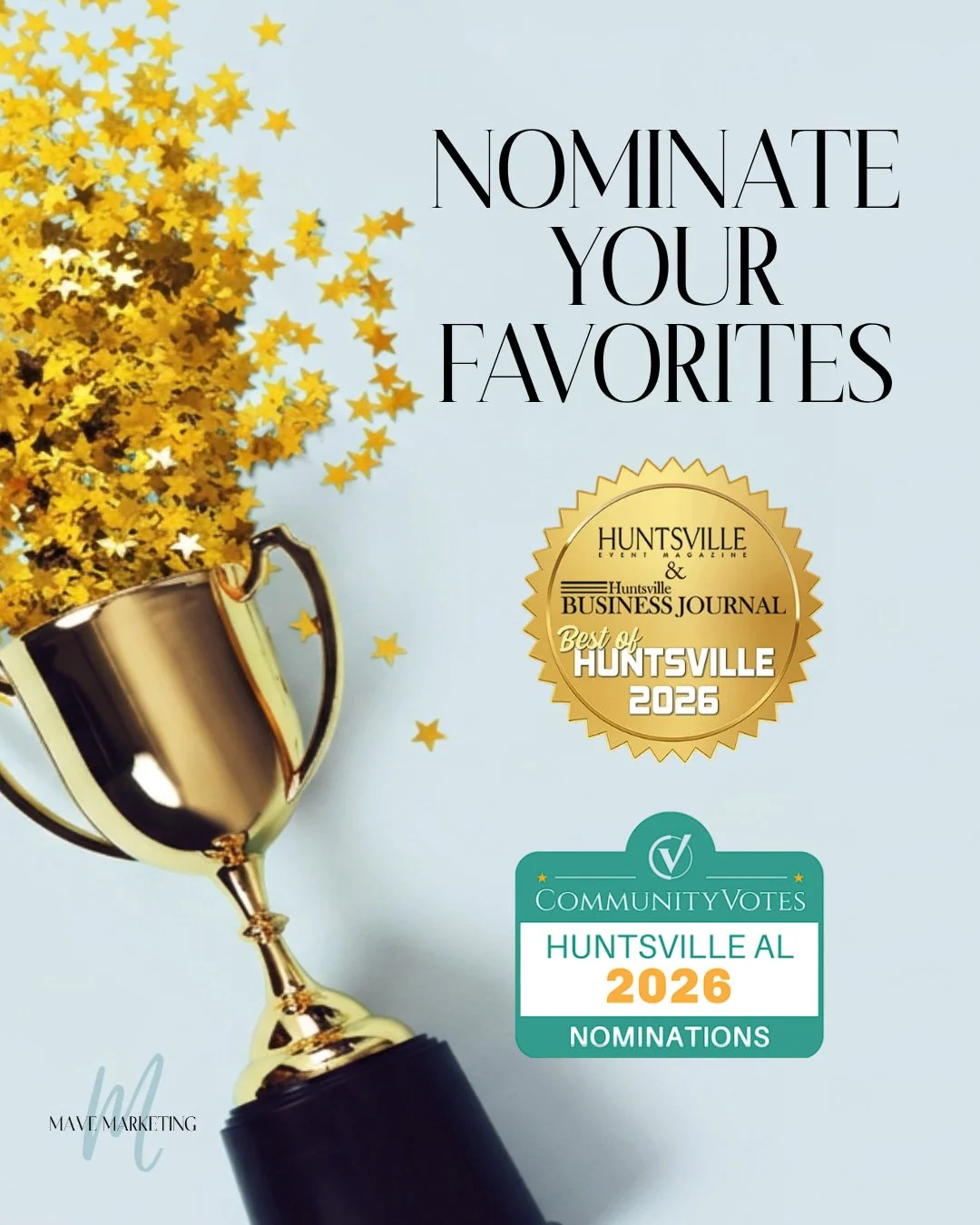 Award nomination season is here, and we're asking you to spread the love to businesses that deserve it (ourselves included, if we're honest).

🏆 Best of Huntsville (nominations open through Sept. 30)
We're nominated under Marketing Firms in the Serv