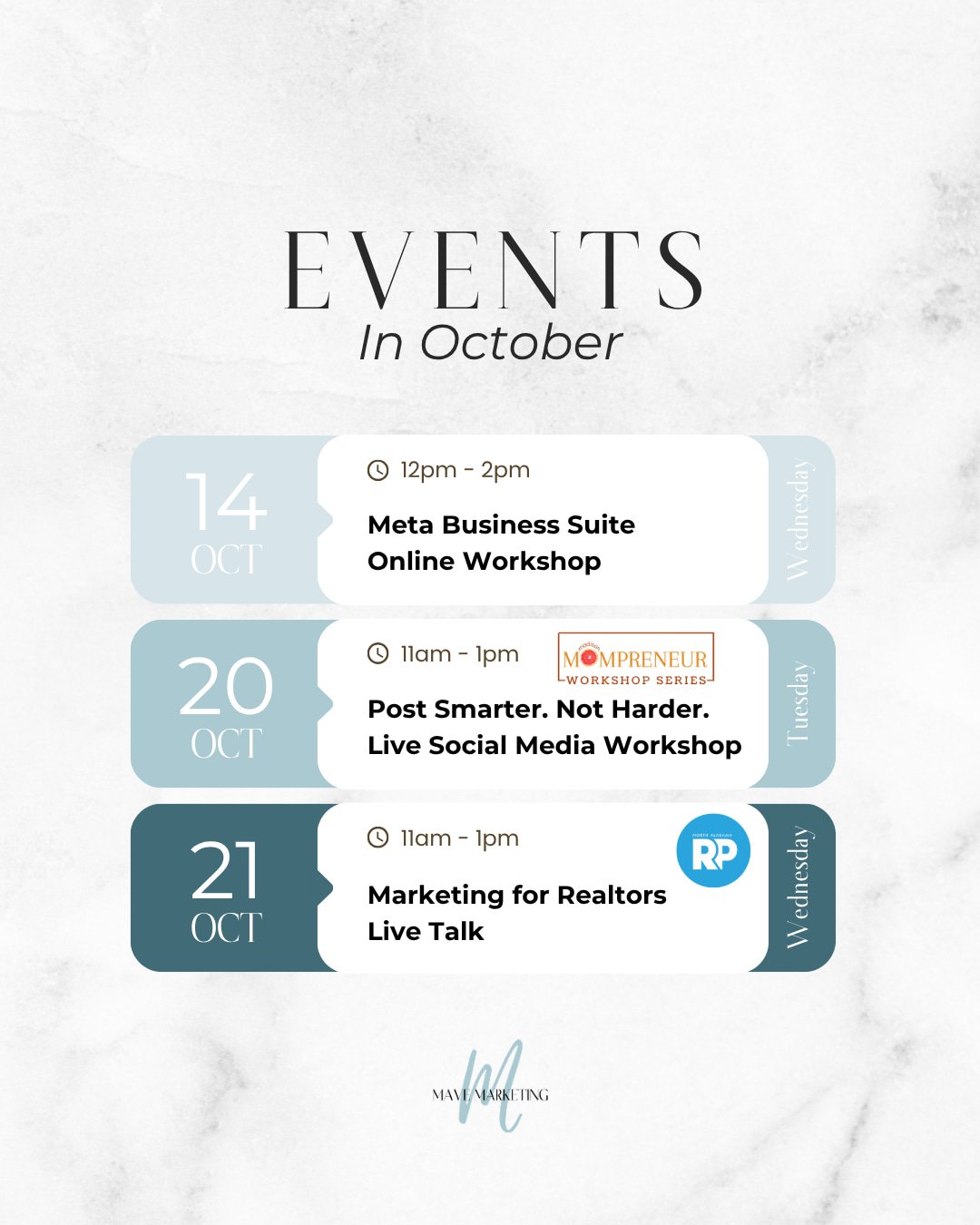 Grab your calendar. October's got three workshops we don't want you to miss! 

📅 Oct 14 | Meta Business Suite Online Workshop (12-2pm)
Open to anyone, anywhere. Grab your ticket on our website.

📅 Oct 20 | Post Smarter, Not Harder: Live Social Medi