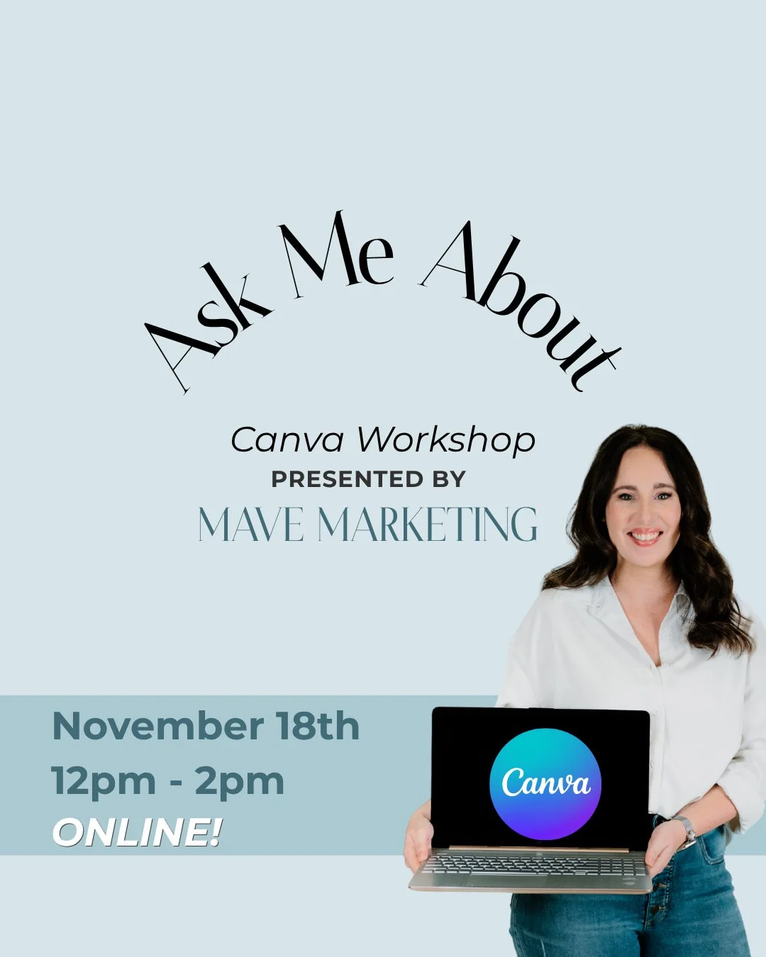 Canva can be overwhelming but it can also be your biggest tool.

Join us November 18th from 12-2pm for Let's Get Social: Canva - a live online workshop built for small business owners and entrepreneurs who want graphics that look professional without