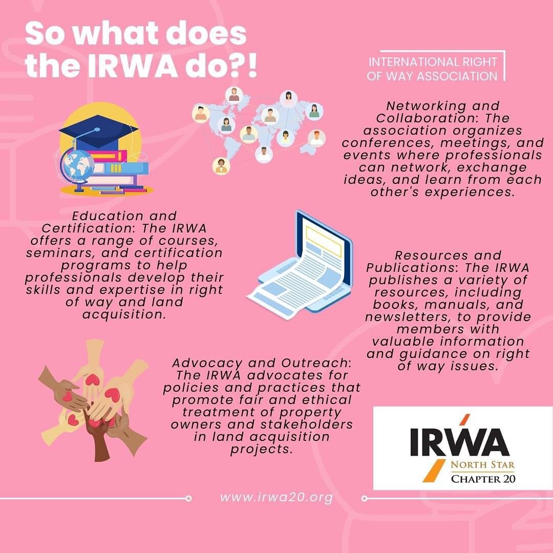 The IRWA focuses on providing education, resources, and networking opportunities for professionals involved in all aspects of land acquisition, management, and appraisal. Some key activities and offerings of the IRWA include:

1. Education and Certif