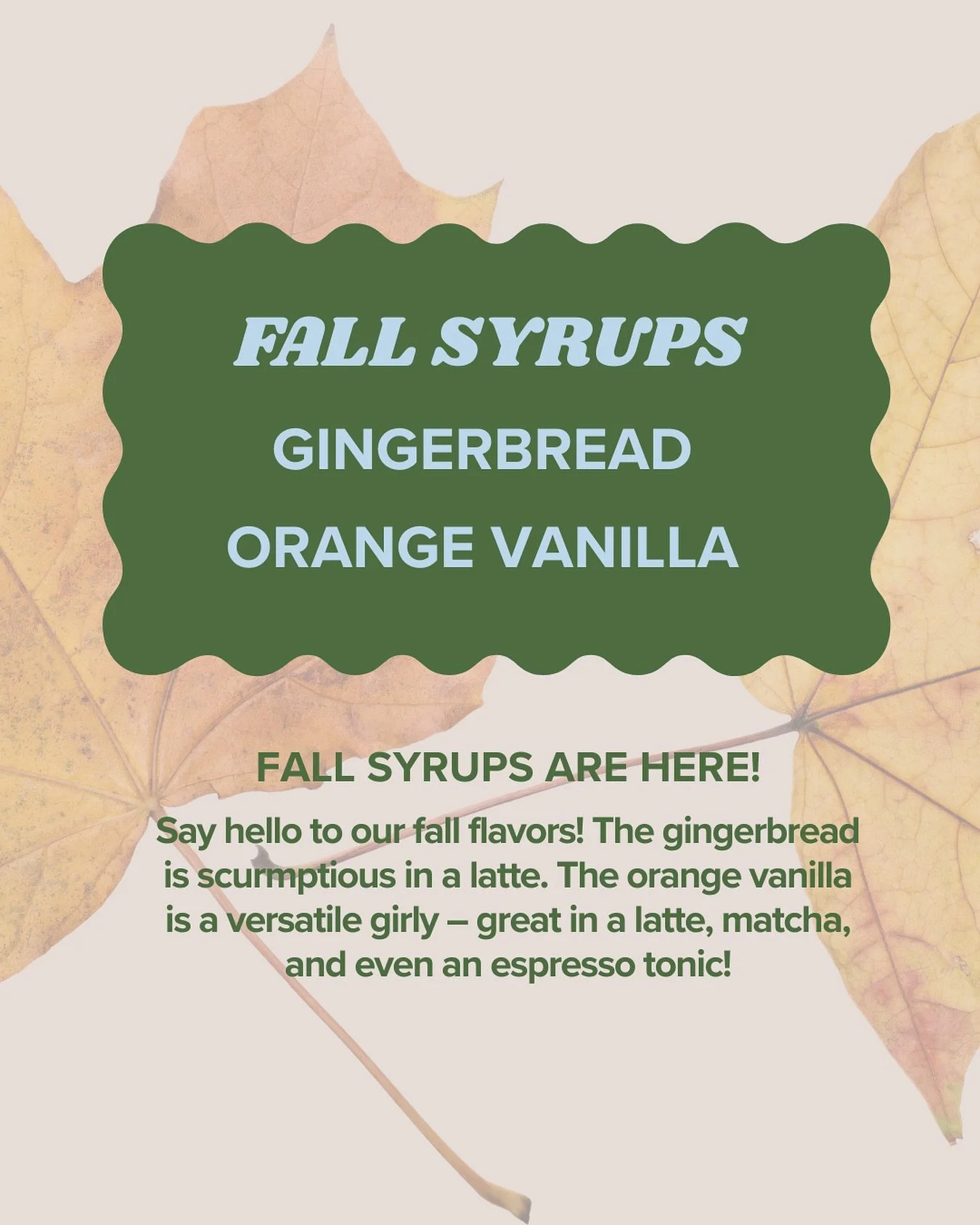 It&rsquo;s fall y&rsquo;all! 🍁 
And we&rsquo;ve got some fun new flavors to mark the change of the seasons 
Say goodbye (for now) to cherry and lavender. And give a warm, sweater weather welcome to gingerbread and orange vanilla! 
Try em in your dri
