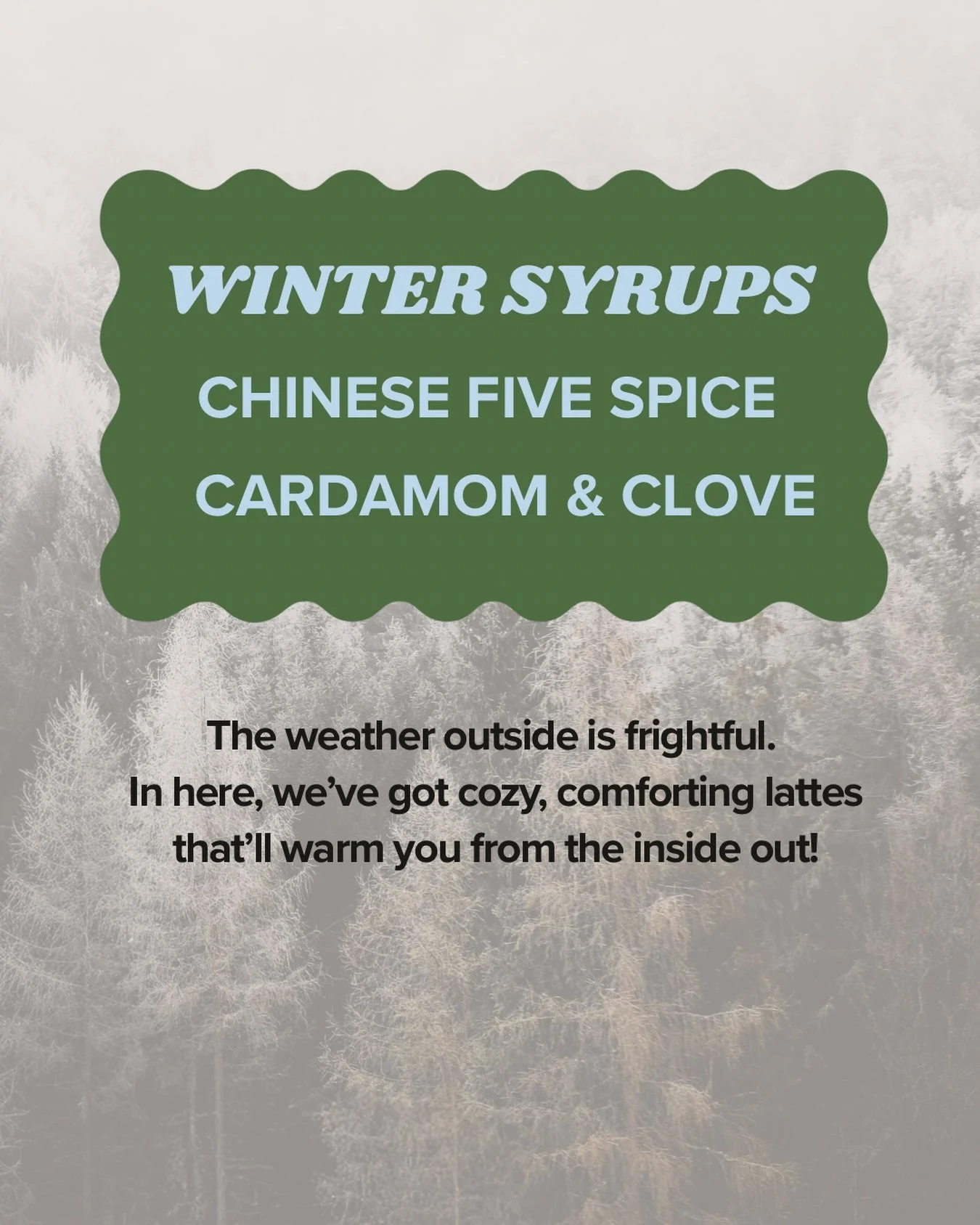 A little consolation in this frigid weather? Our Chinese five spice and cardamom &amp; clove lattes will warm you from the inside out! 

Not familiar with Chinese five spice? It&rsquo;s a warming blend of cinnamon, fennel seed, sichuan pepper, clove 