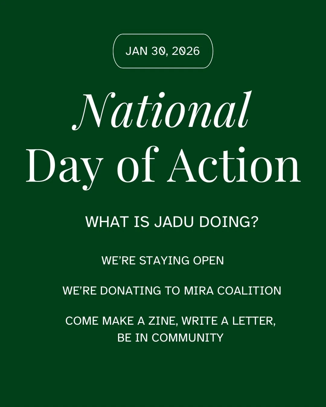 There is a nationwide call for a national strike on Friday, January 30 in protest of ICE and the regime behind it. 

After much deliberation, we have decided to stay open on Friday, January 30th for a few reasons: 
1. Our staff want/ need the hours
2