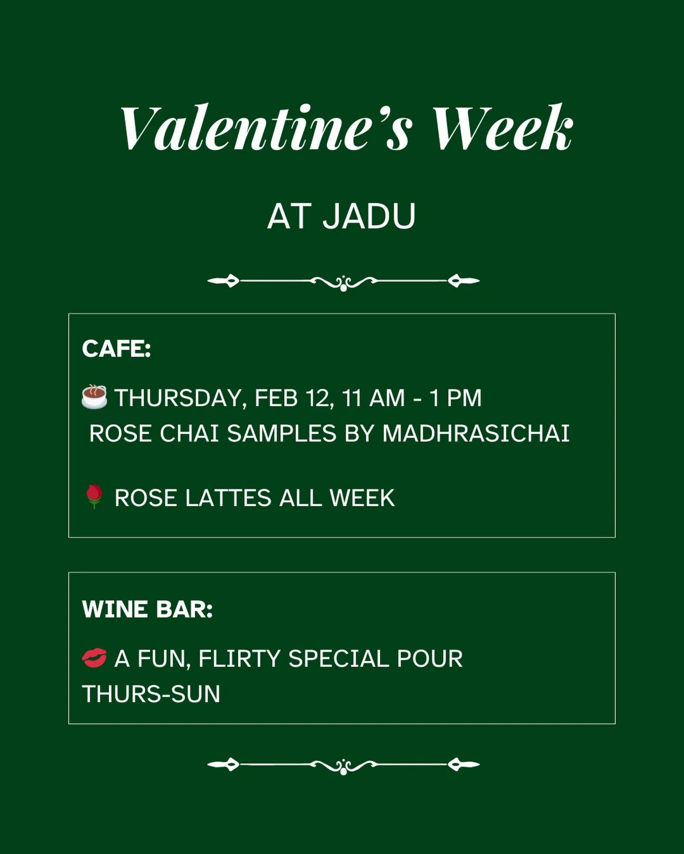 Y&rsquo;all know Jadu is the perfect place for first dates, hundredth dates, friend dates and everything in between, all year round! We see you hitting it off, leaning in, and engaged in deep soulful convo on the regs! 

So this Valentine&rsquo;s Day