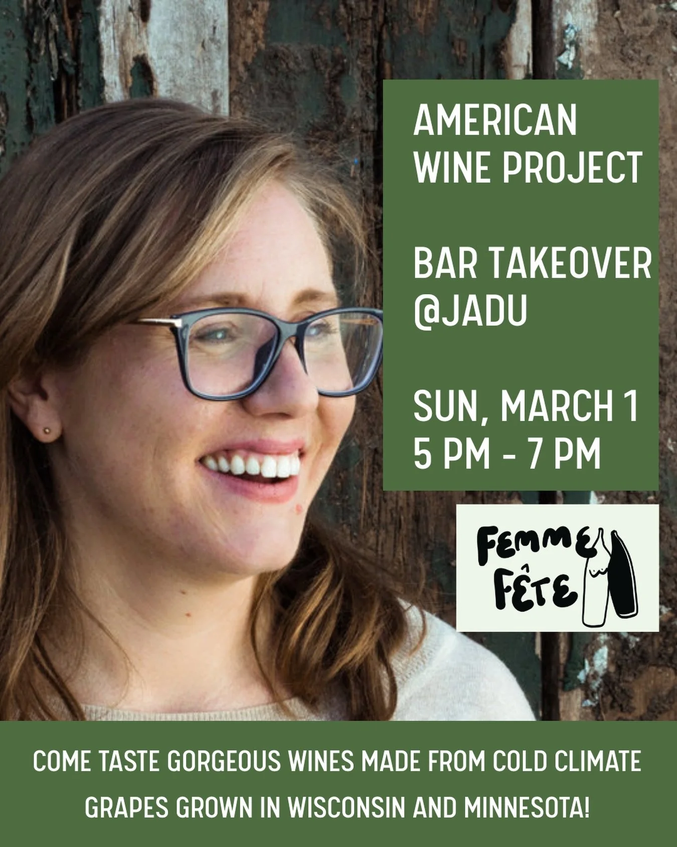 Erin from @americanwineproject is coming to Boston for @femmefeteboston, and we&rsquo;re hosting her at Jadu on Sunday, March 1 for a bar takeover from 5-7 PM! We&rsquo;ll be pouring 3 of her wines, made from cold climate grapes grown in Wisconsin an